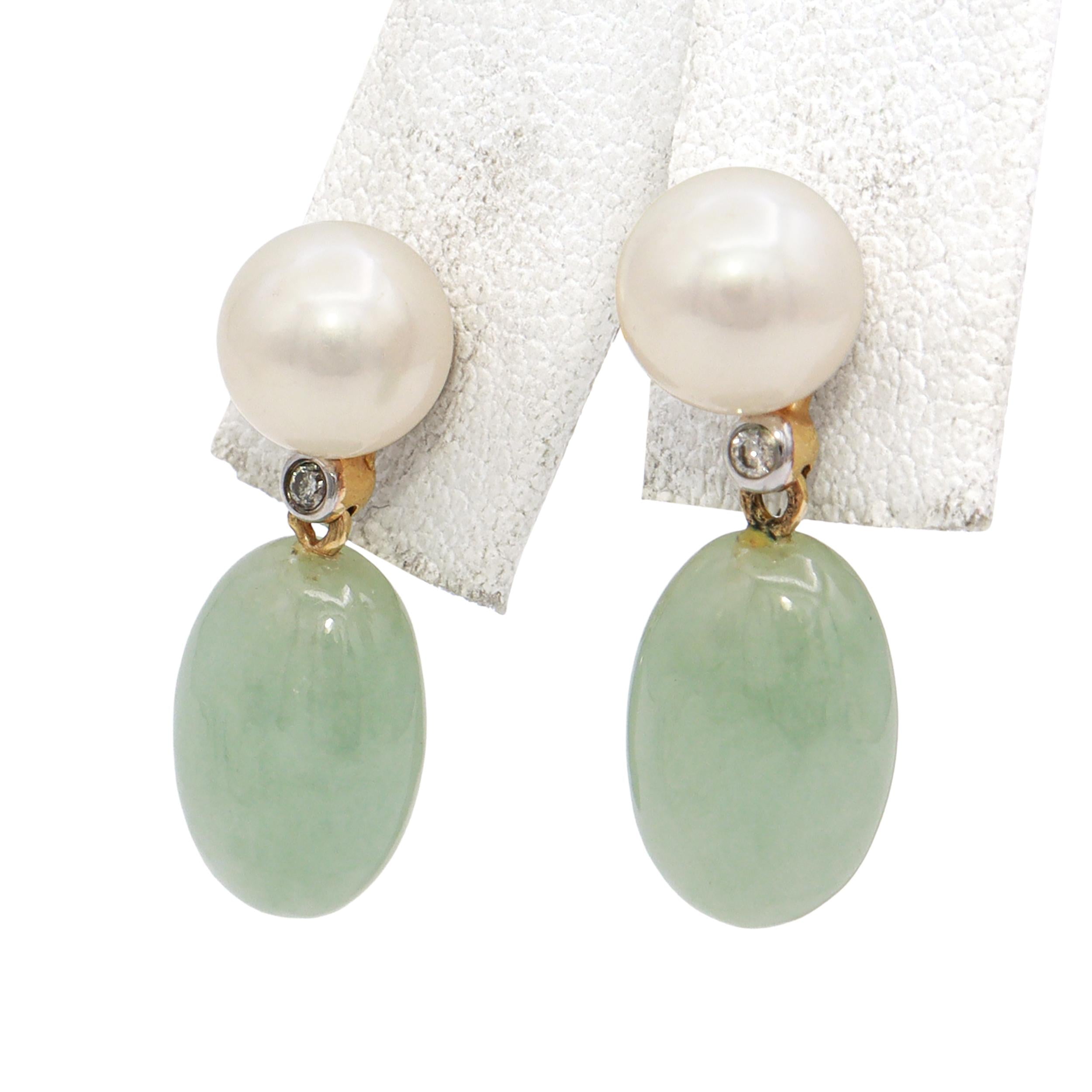 Vintage 14k Yellow Gold Jade Pearl Diamond Fu Symbol Pendant and Earring Set