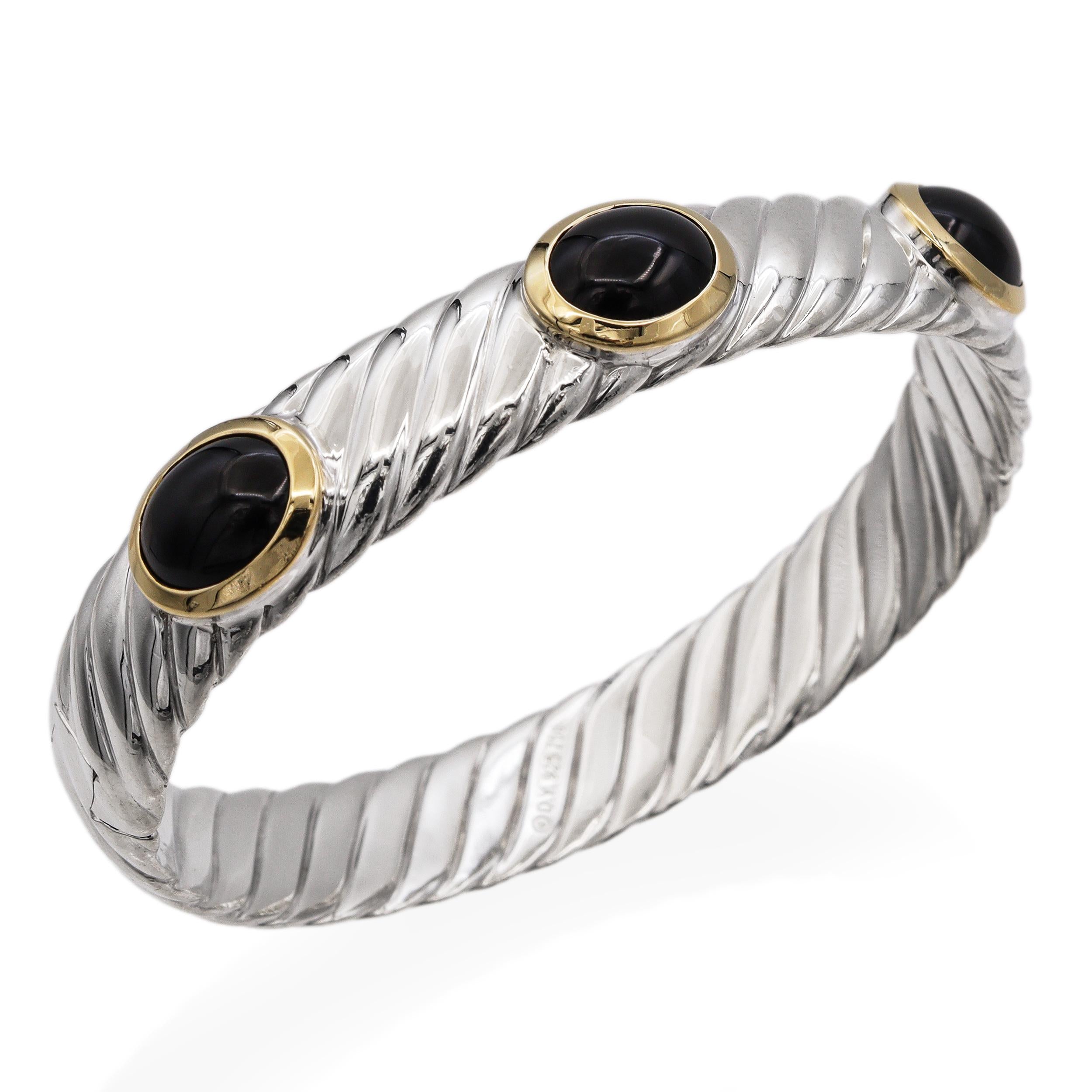 David Yurman Sterling Silver & 18K Yellow Gold Black Onyx Cable Bangle Bracelet