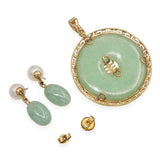 Vintage 14k Yellow Gold Jade Pearl Diamond Fu Symbol Pendant and Earring Set