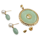 Vintage 14k Yellow Gold Jade Pearl Diamond Fu Symbol Pendant and Earring Set