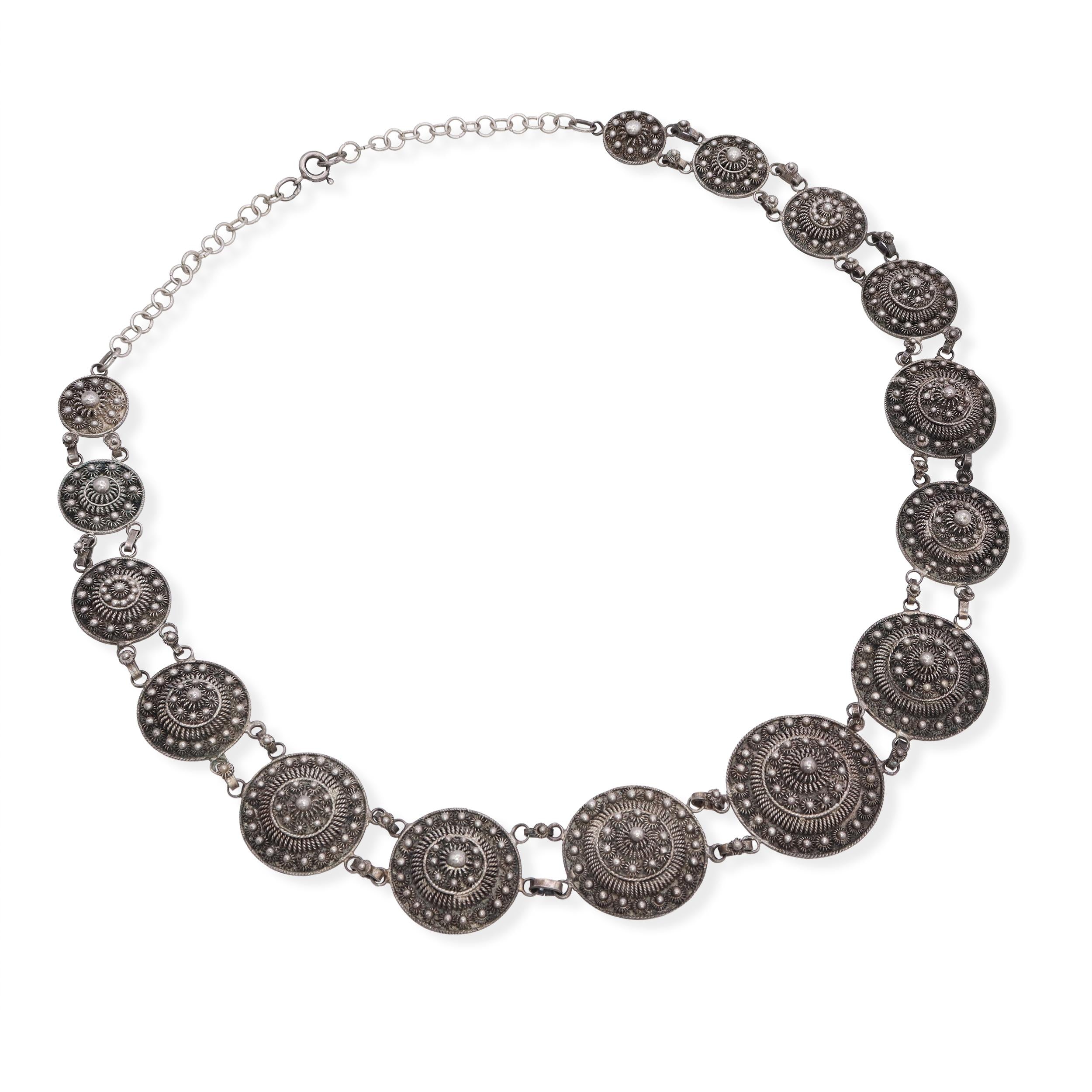 Vintage Indochina Silver Filigree Medallion Necklace and Cuff Bracelet Set
