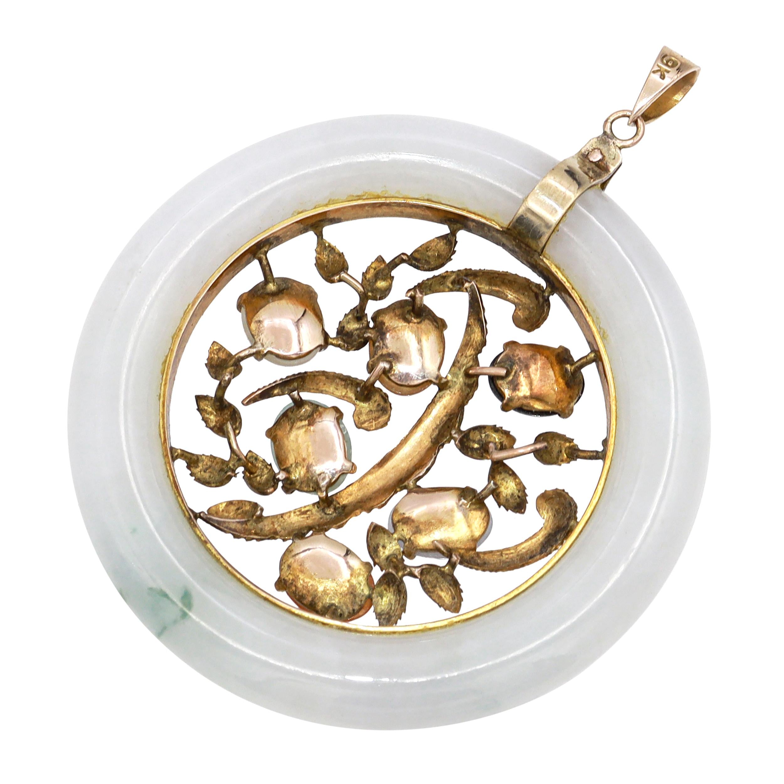 Vintage Yellow Gold Jade & Black Onyx Circular Pendant