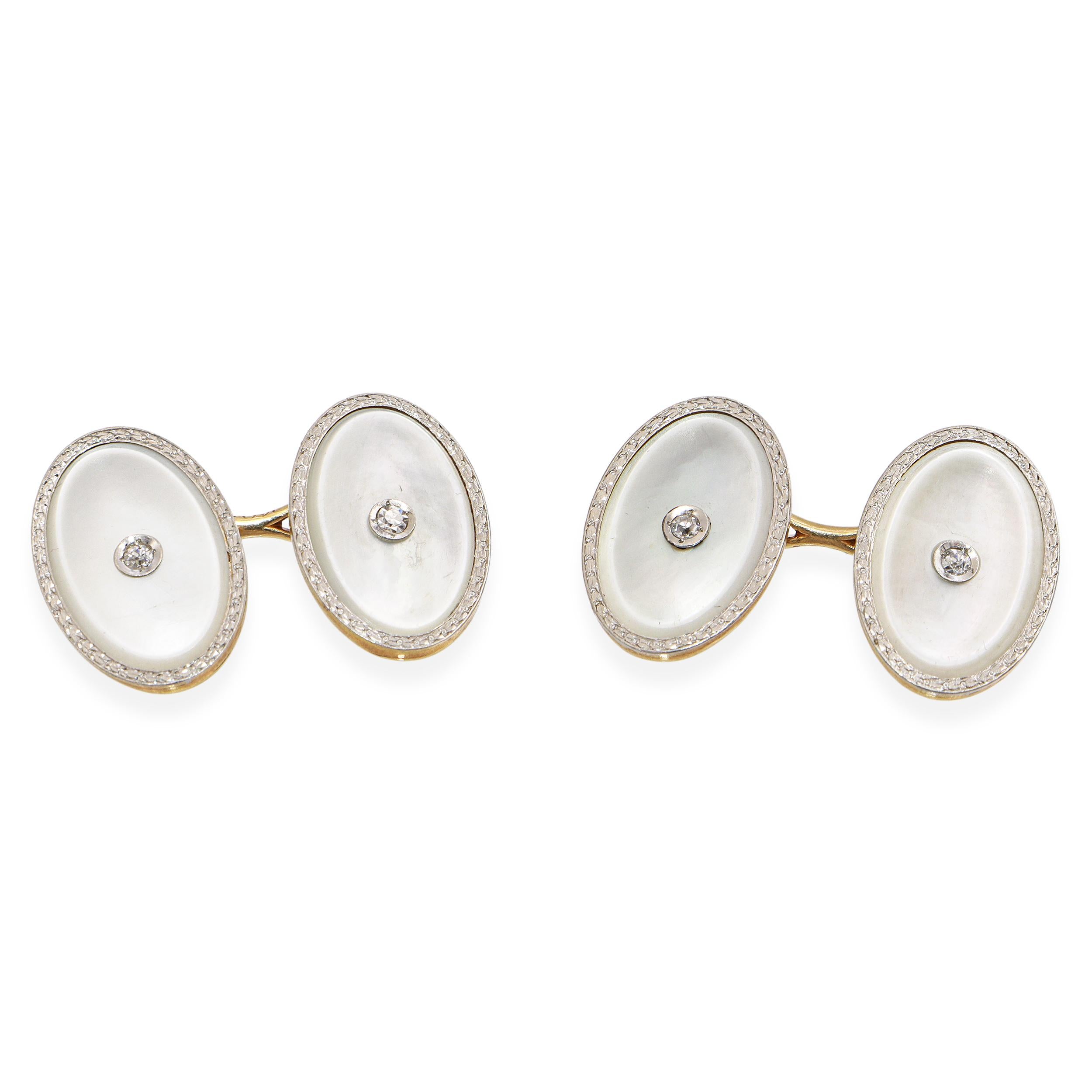 Art Deco 14k Yellow Gold Mother of Pearl & Diamond Double-Sided Cufflink
