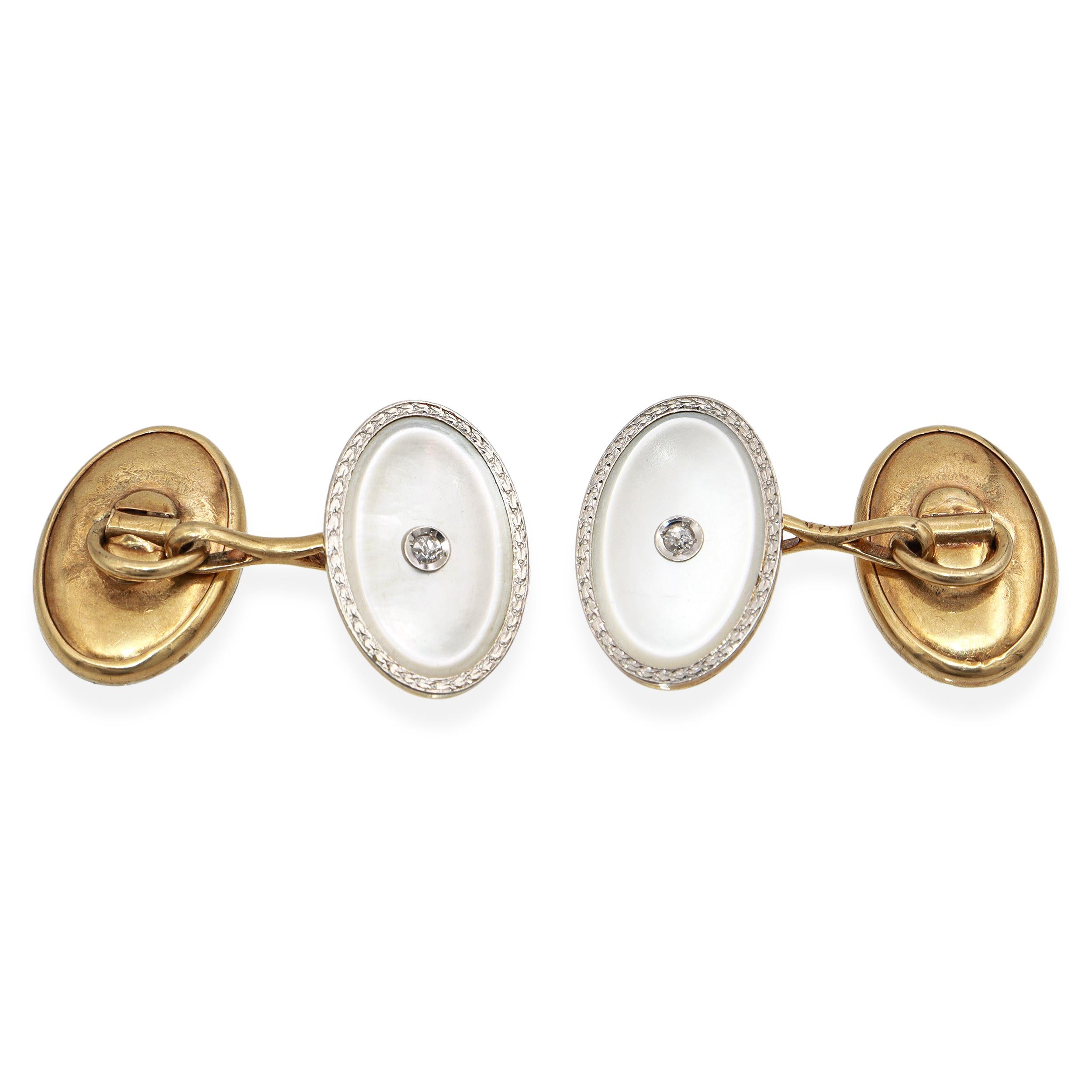 Art Deco 14k Yellow Gold Mother of Pearl & Diamond Double-Sided Cufflink