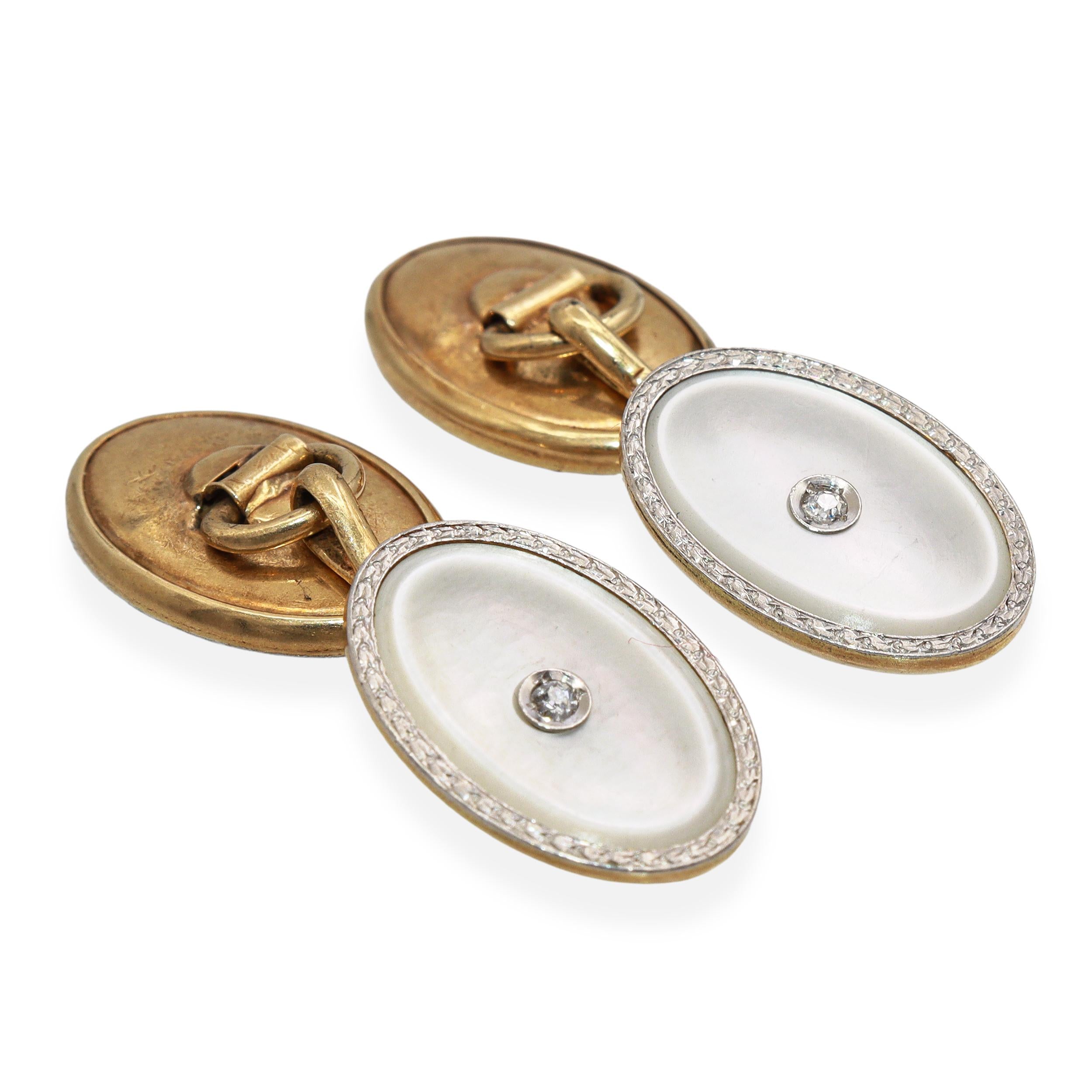 Art Deco 14k Yellow Gold Mother of Pearl & Diamond Double-Sided Cufflink