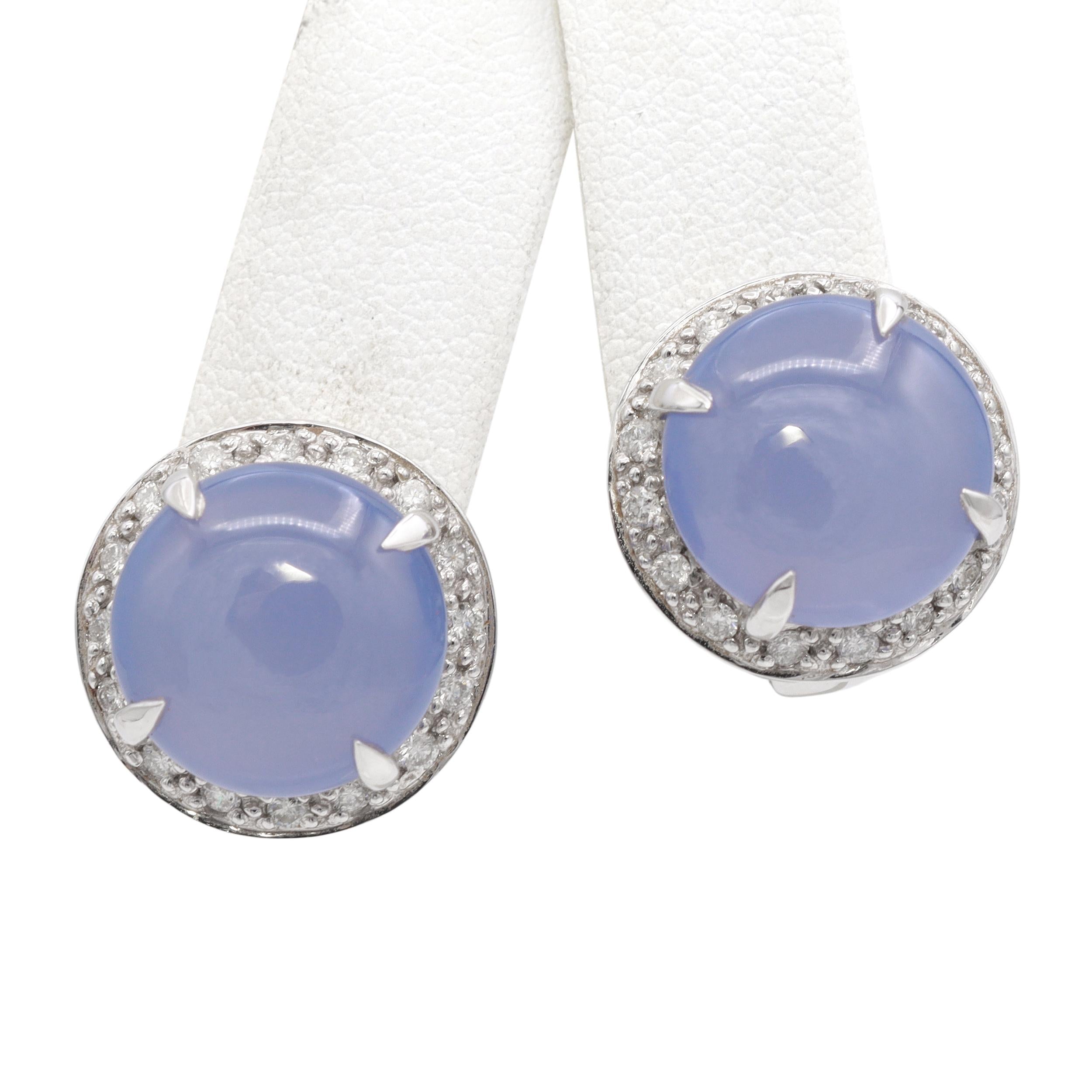 14k White Gold Lavender Chalcedony Cabochon & Diamond Halo Earrings