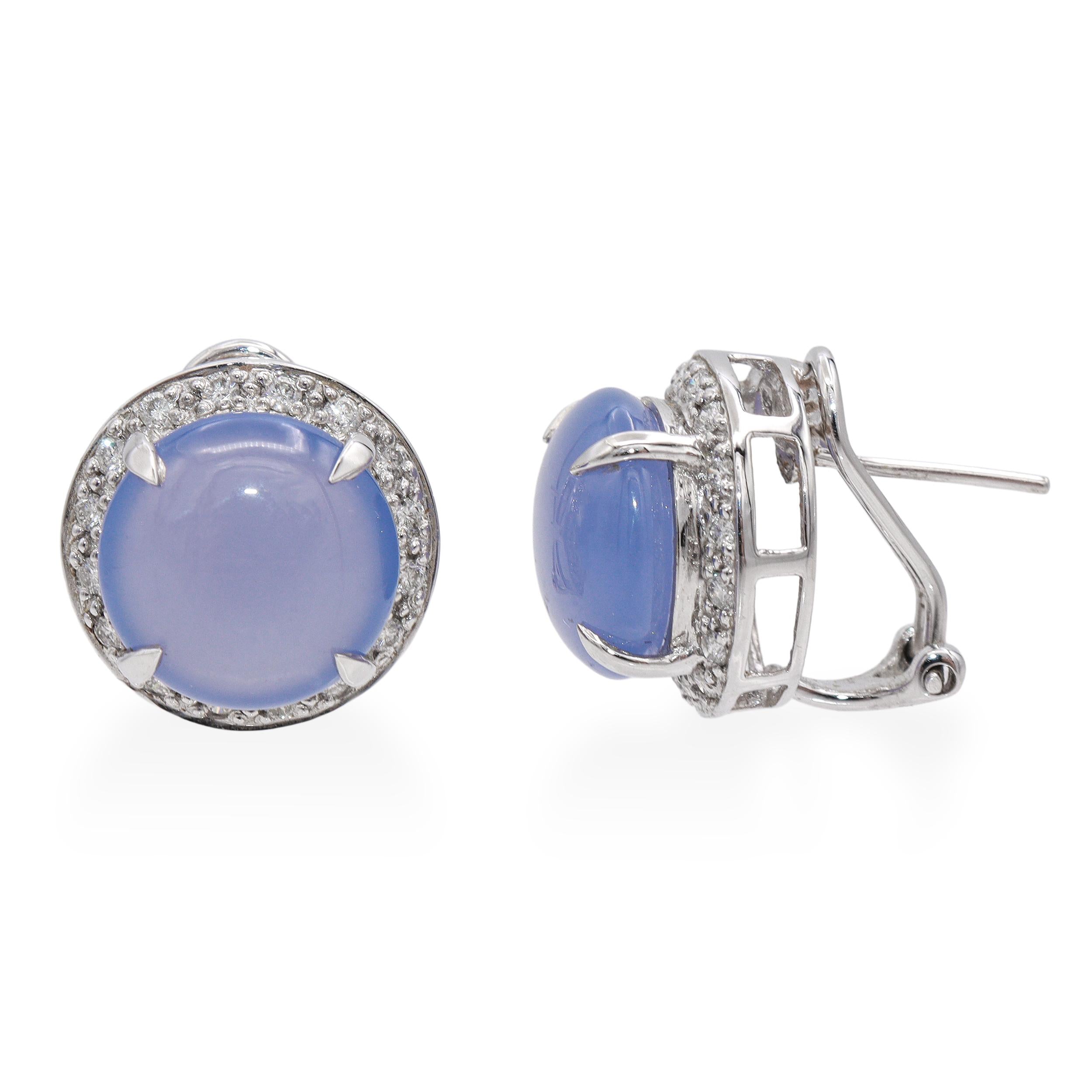 14k White Gold Lavender Chalcedony Cabochon & Diamond Halo Earrings