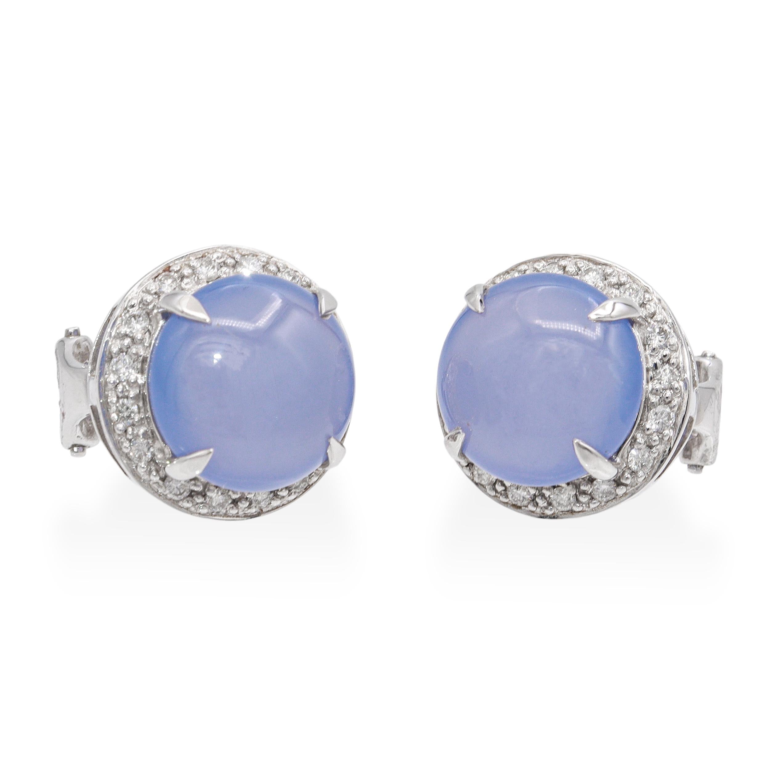 14k White Gold Lavender Chalcedony Cabochon & Diamond Halo Earrings