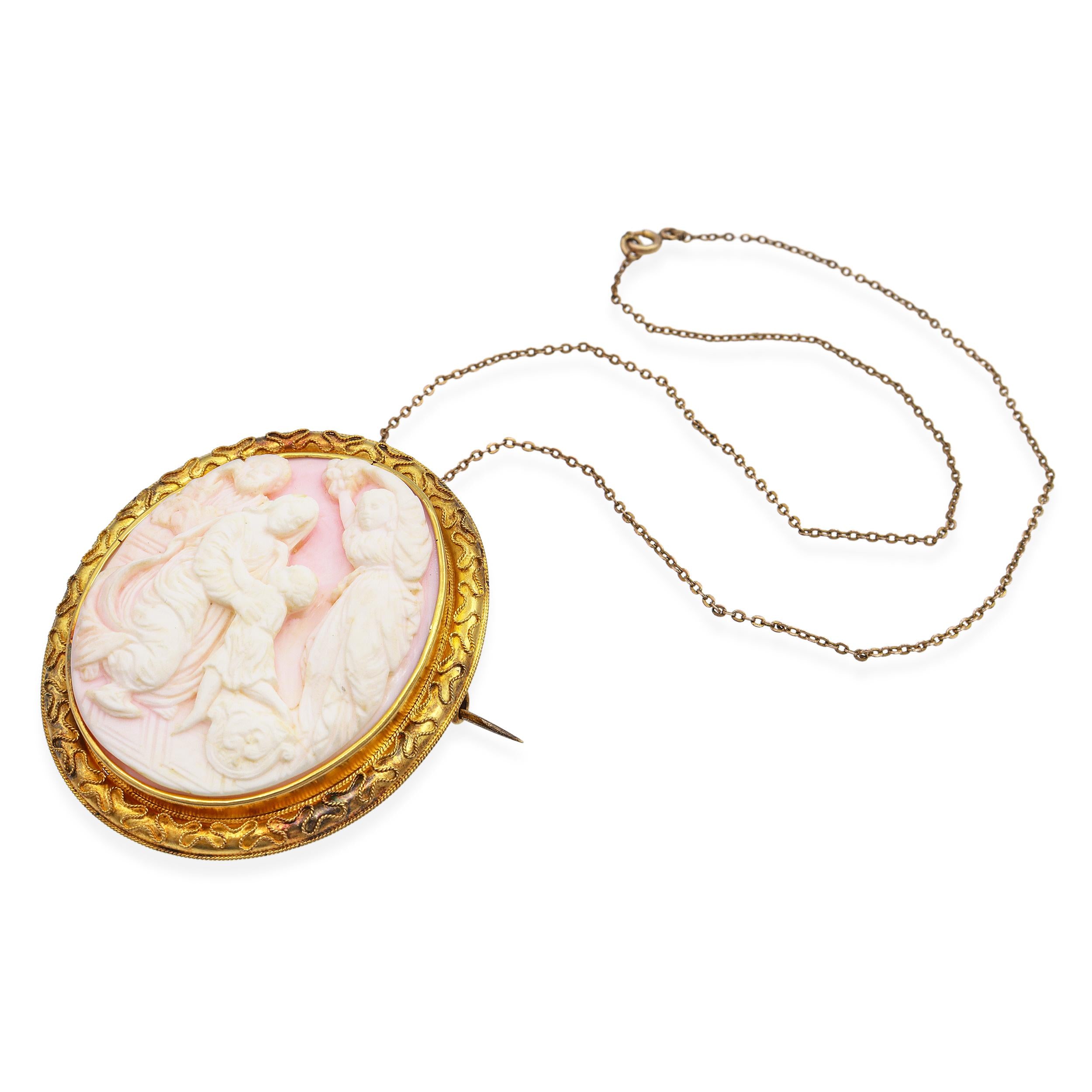 Antique 19k Yellow Gold Carved Pink Conch Cameo Brooch
