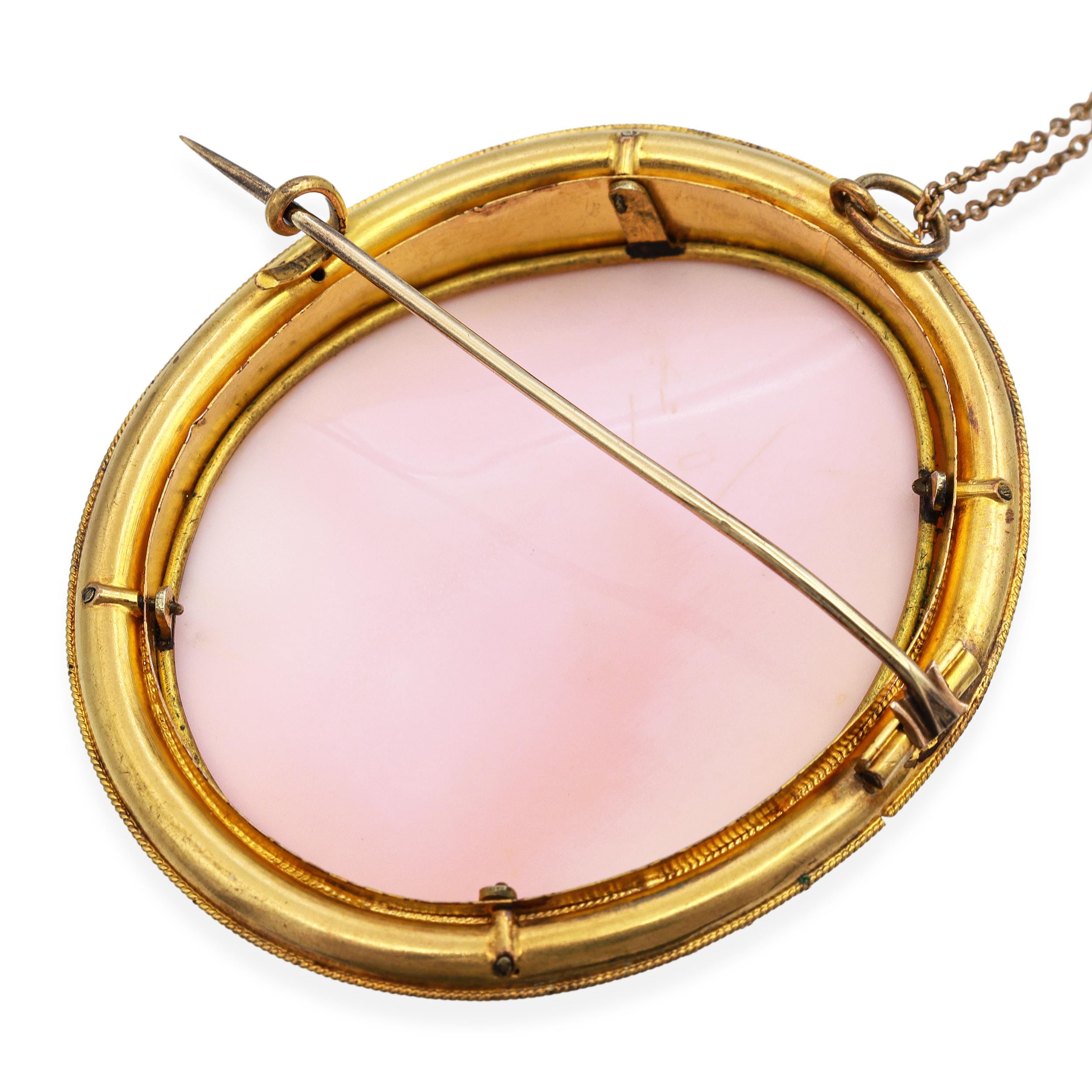 Antique 19k Yellow Gold Carved Pink Conch Cameo Brooch