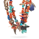 Sterling Silver Coral Turquoise Lapis Lazuli Multi-Strand Charm Necklace