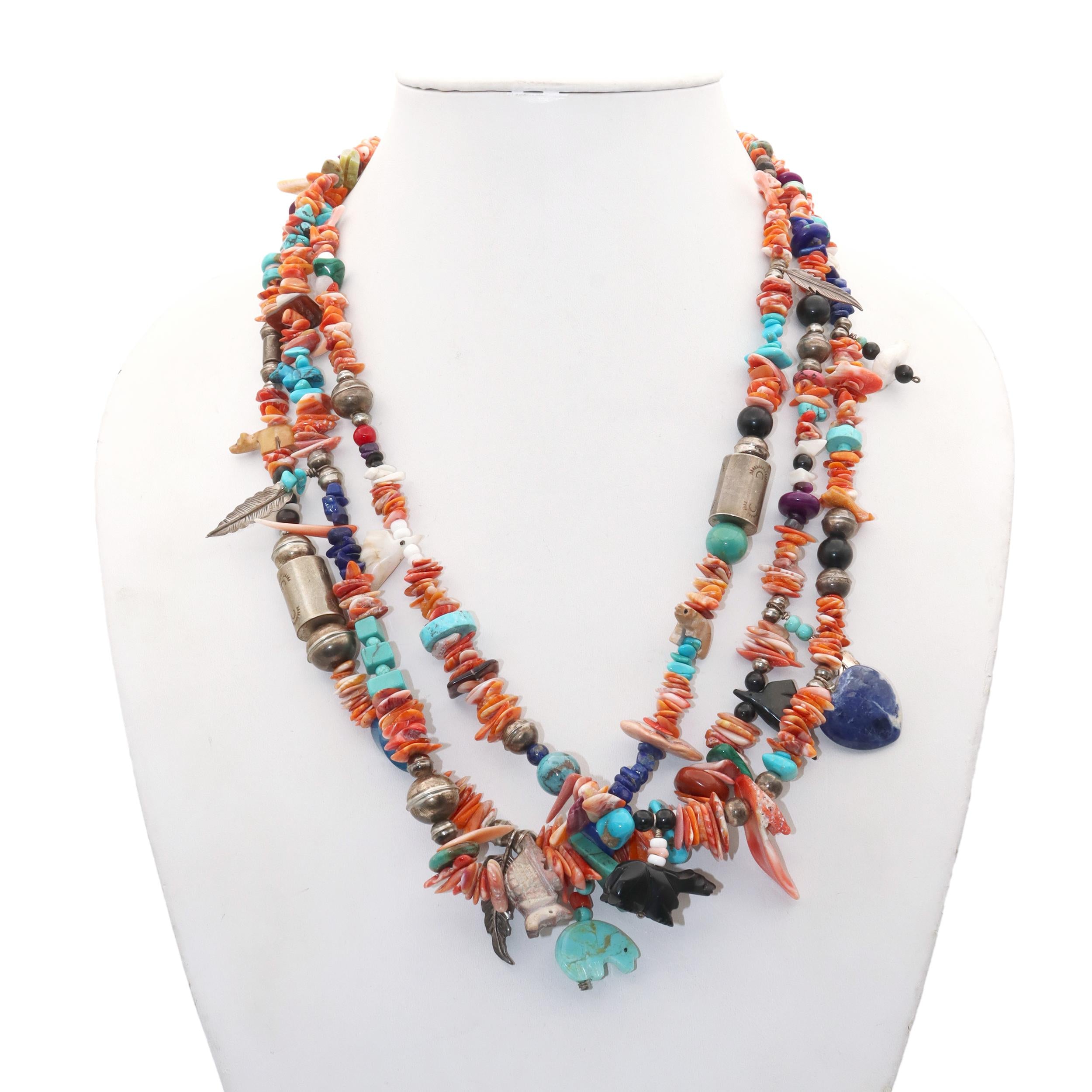 Sterling Silver Coral Turquoise Lapis Lazuli Multi-Strand Charm Necklace