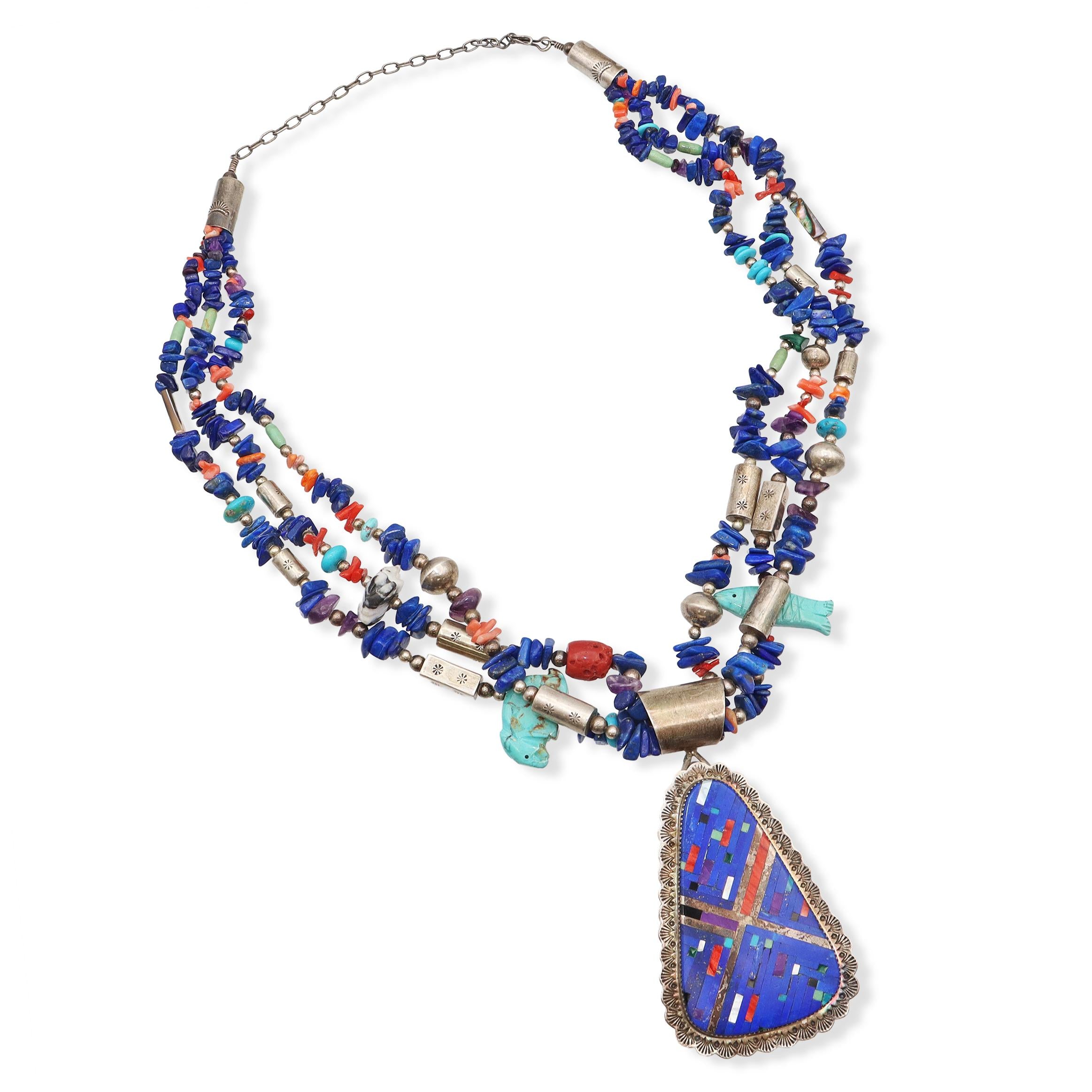 Daniel Coriz Sterling Silver Lapis Turquoise Coral Multi-Stone Necklace