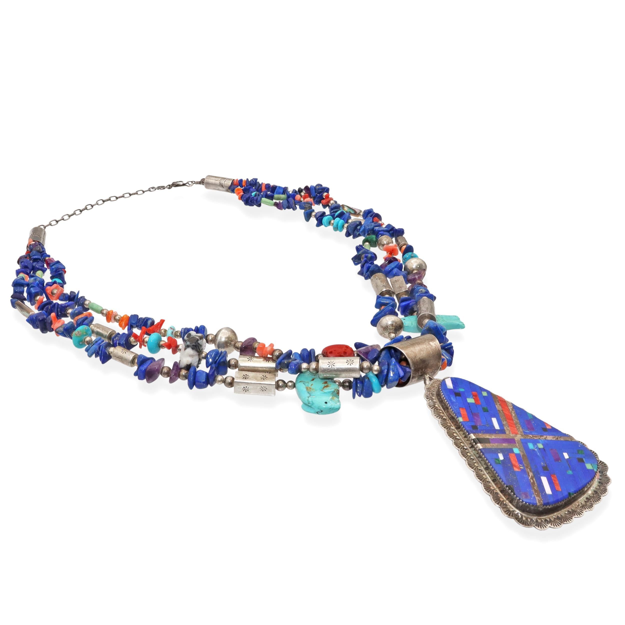 Daniel Coriz Sterling Silver Lapis Turquoise Coral Multi-Stone Necklace