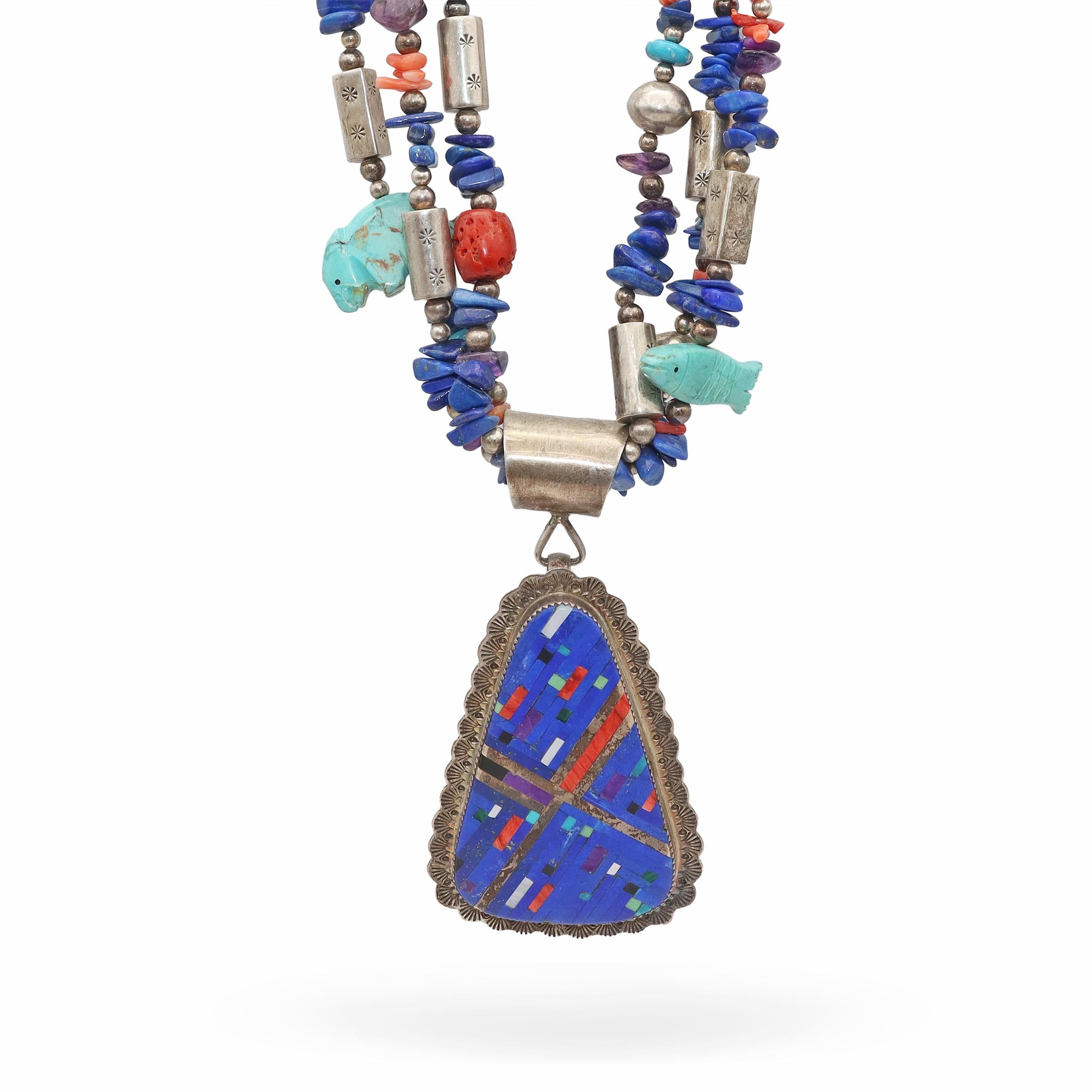 Daniel Coriz Sterling Silver Lapis Turquoise Coral Multi-Stone Necklace