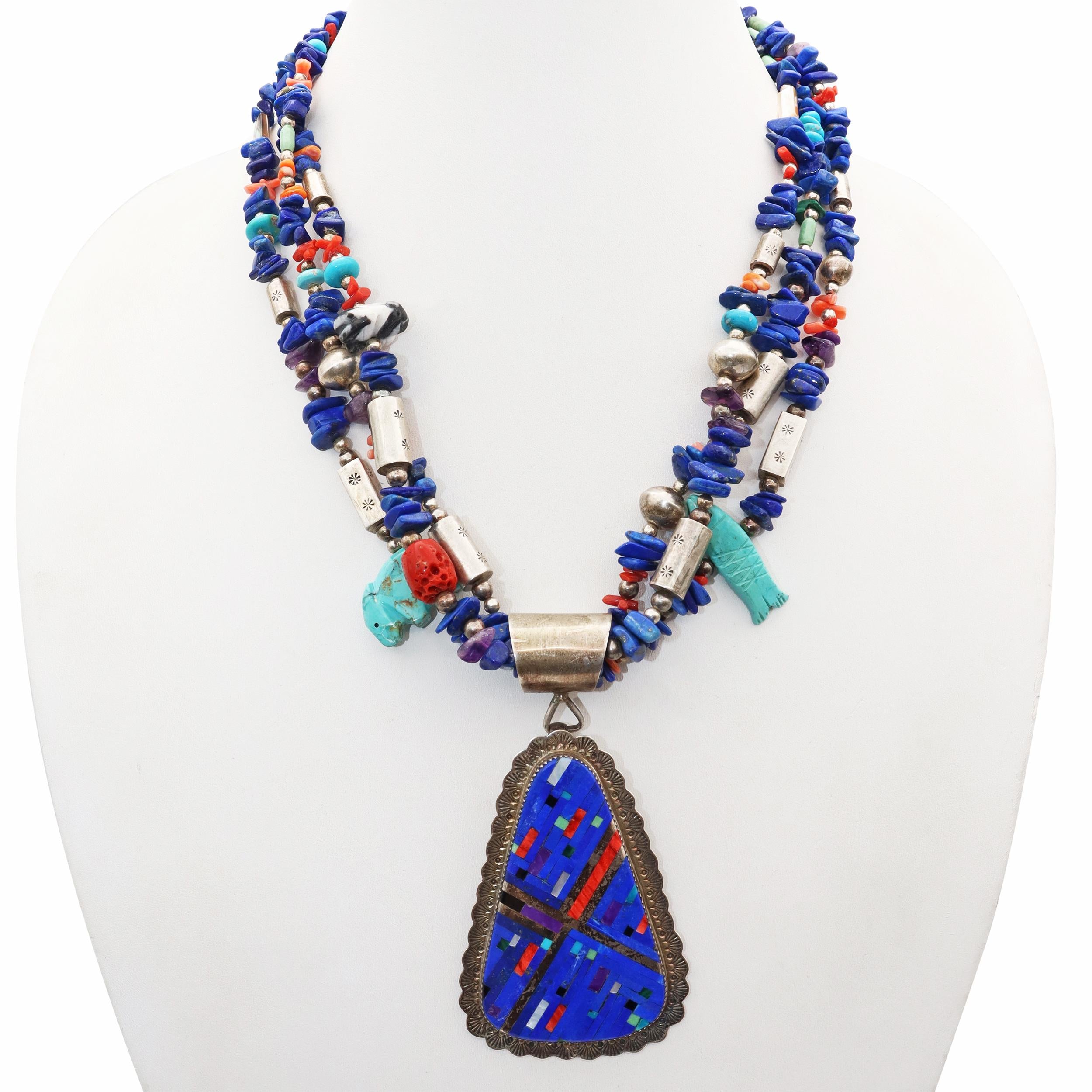 Daniel Coriz Sterling Silver Lapis Turquoise Coral Multi-Stone Necklace