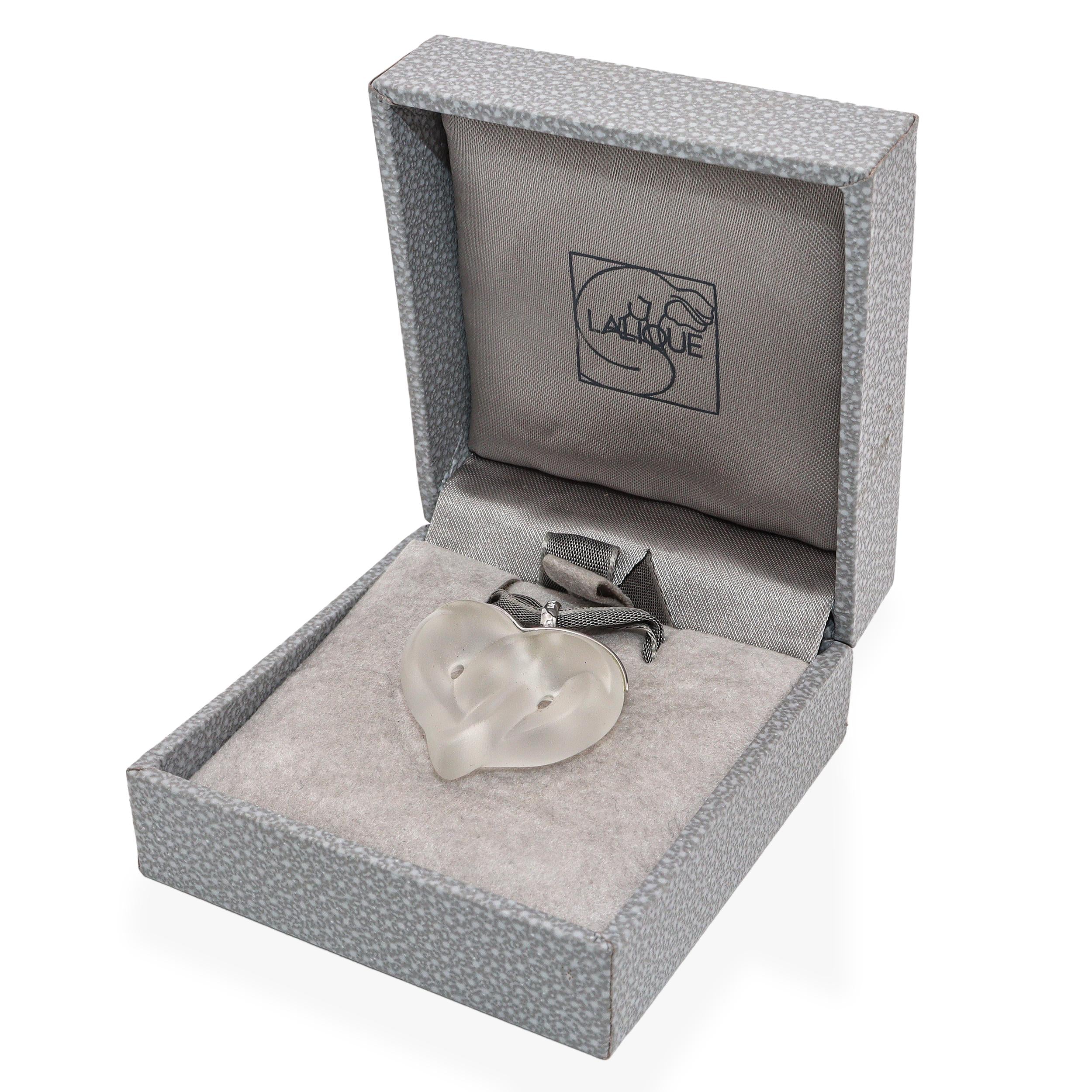 Lalique Coeur Sterling Silver Frosted Crystal Heart Pendant Ribbon Necklace
