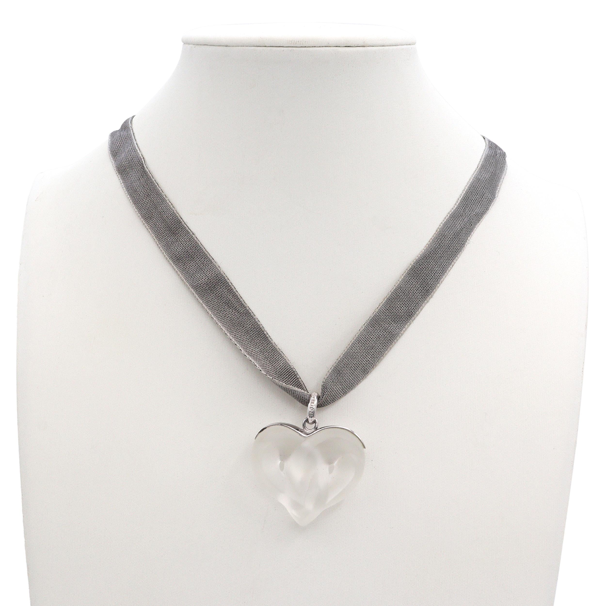 Lalique Coeur Sterling Silver Frosted Crystal Heart Pendant Ribbon Necklace