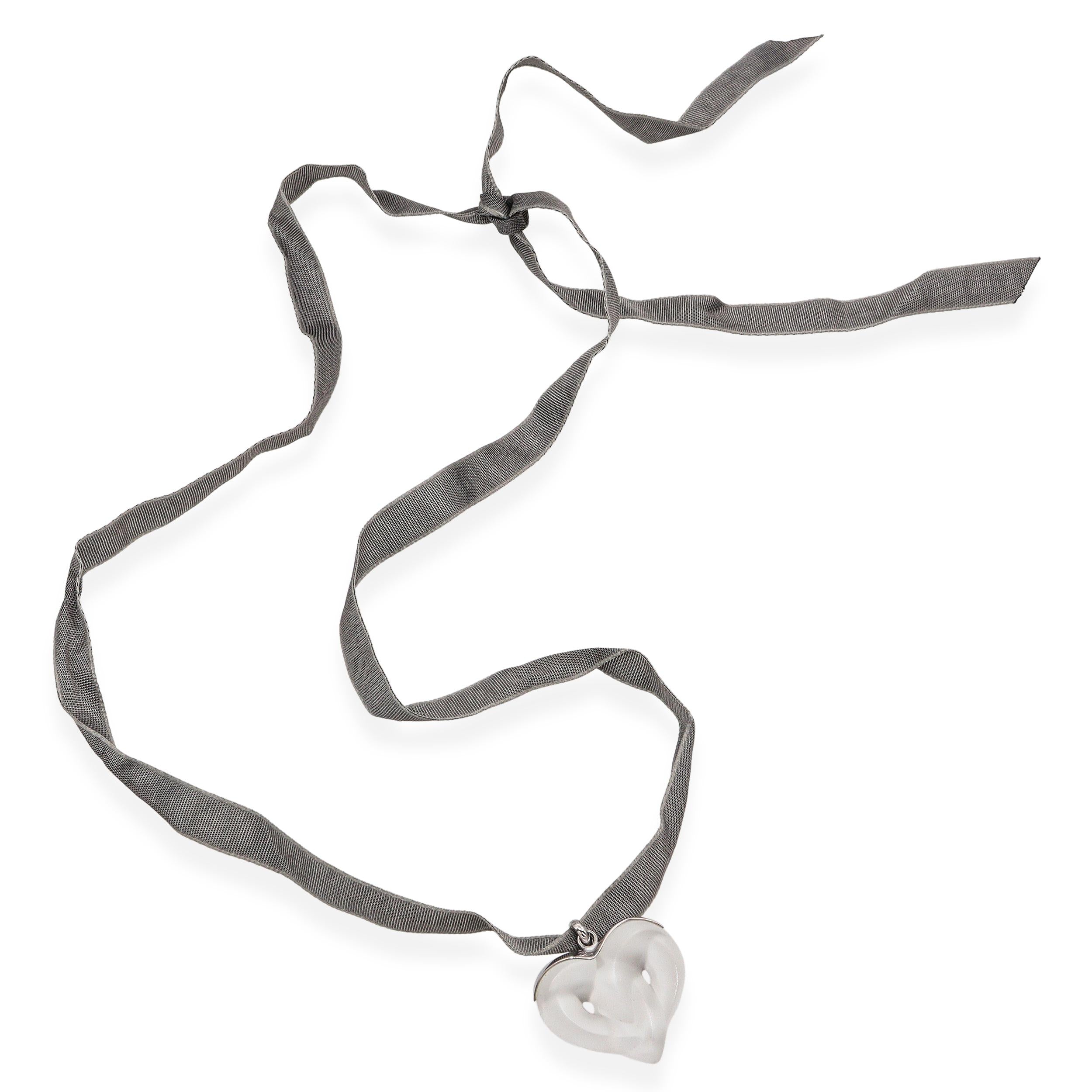 Lalique Coeur Sterling Silver Frosted Crystal Heart Pendant Ribbon Necklace