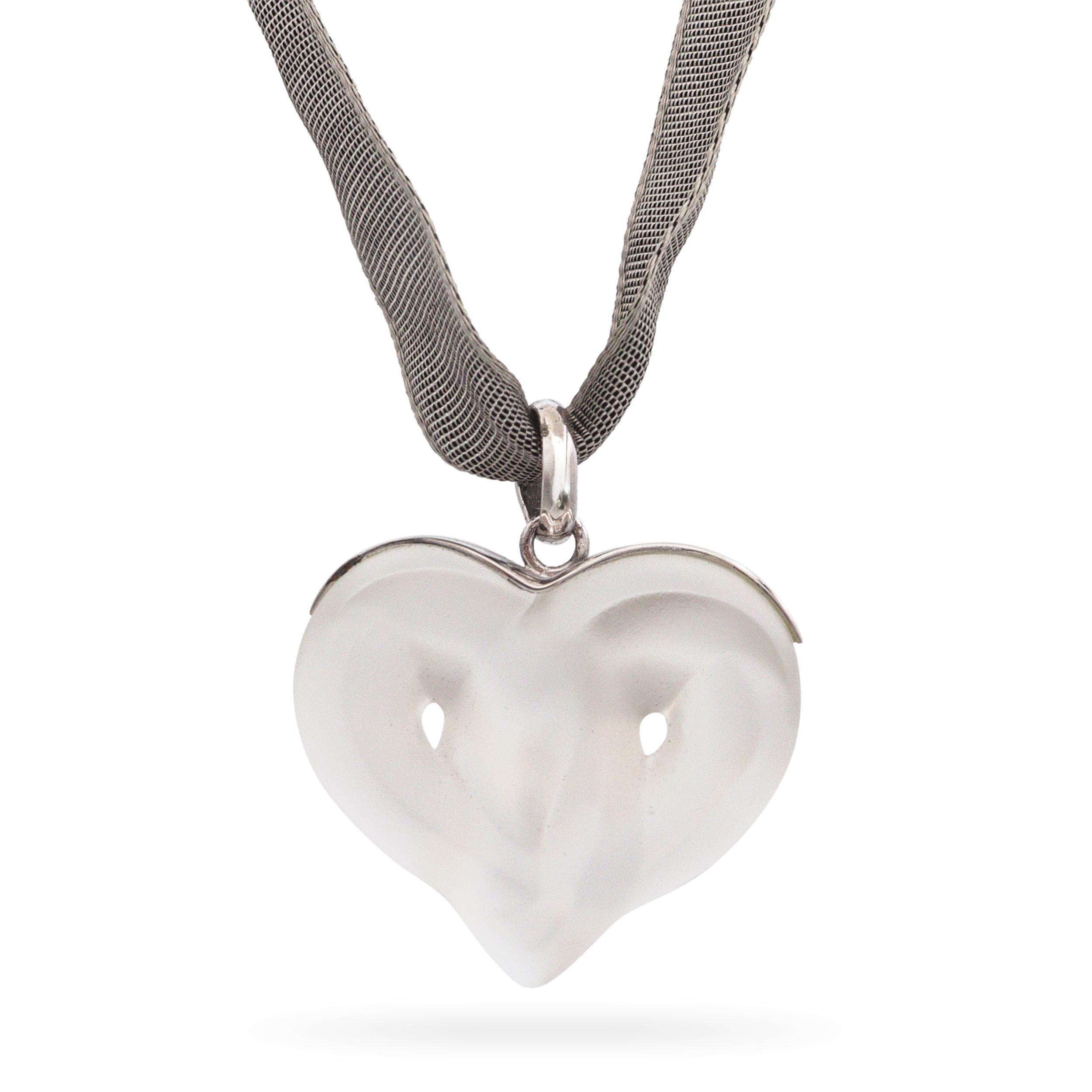 Lalique Coeur Sterling Silver Frosted Crystal Heart Pendant Ribbon Necklace