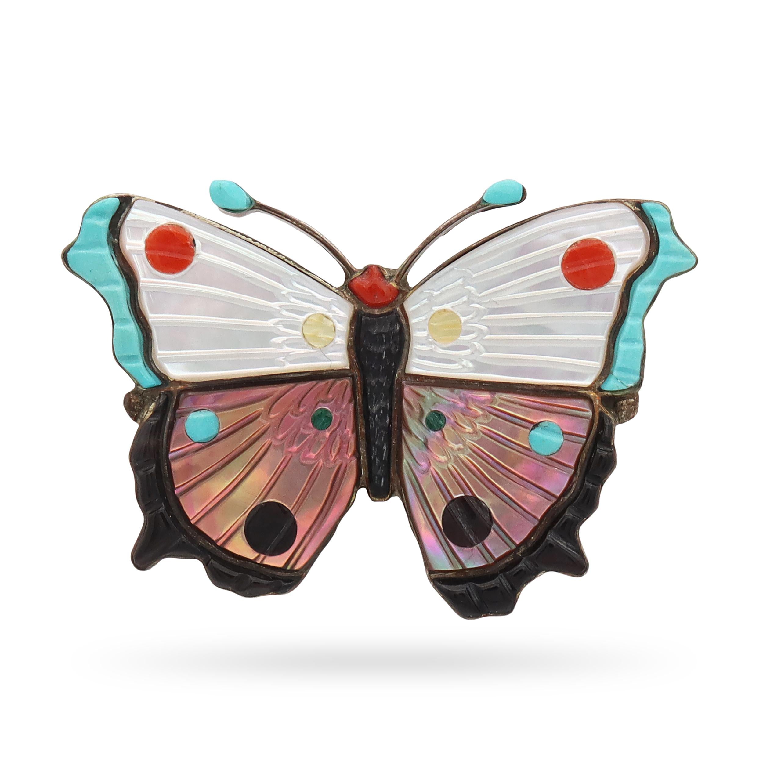 Sterling Silver Mother of Pearl Onyx Turquoise Butterfly Brooch