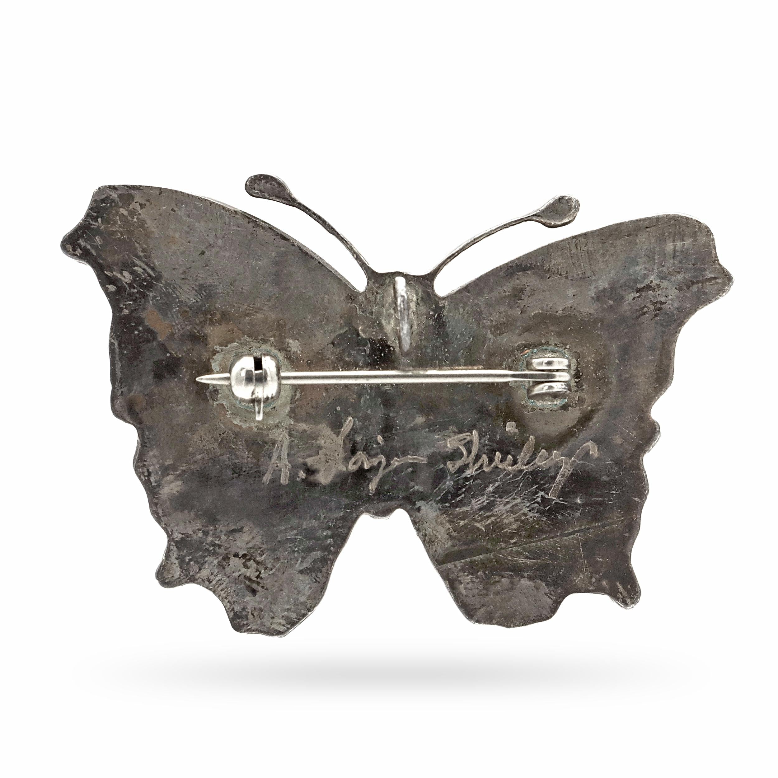 Sterling Silver Mother of Pearl Onyx Turquoise Butterfly Brooch