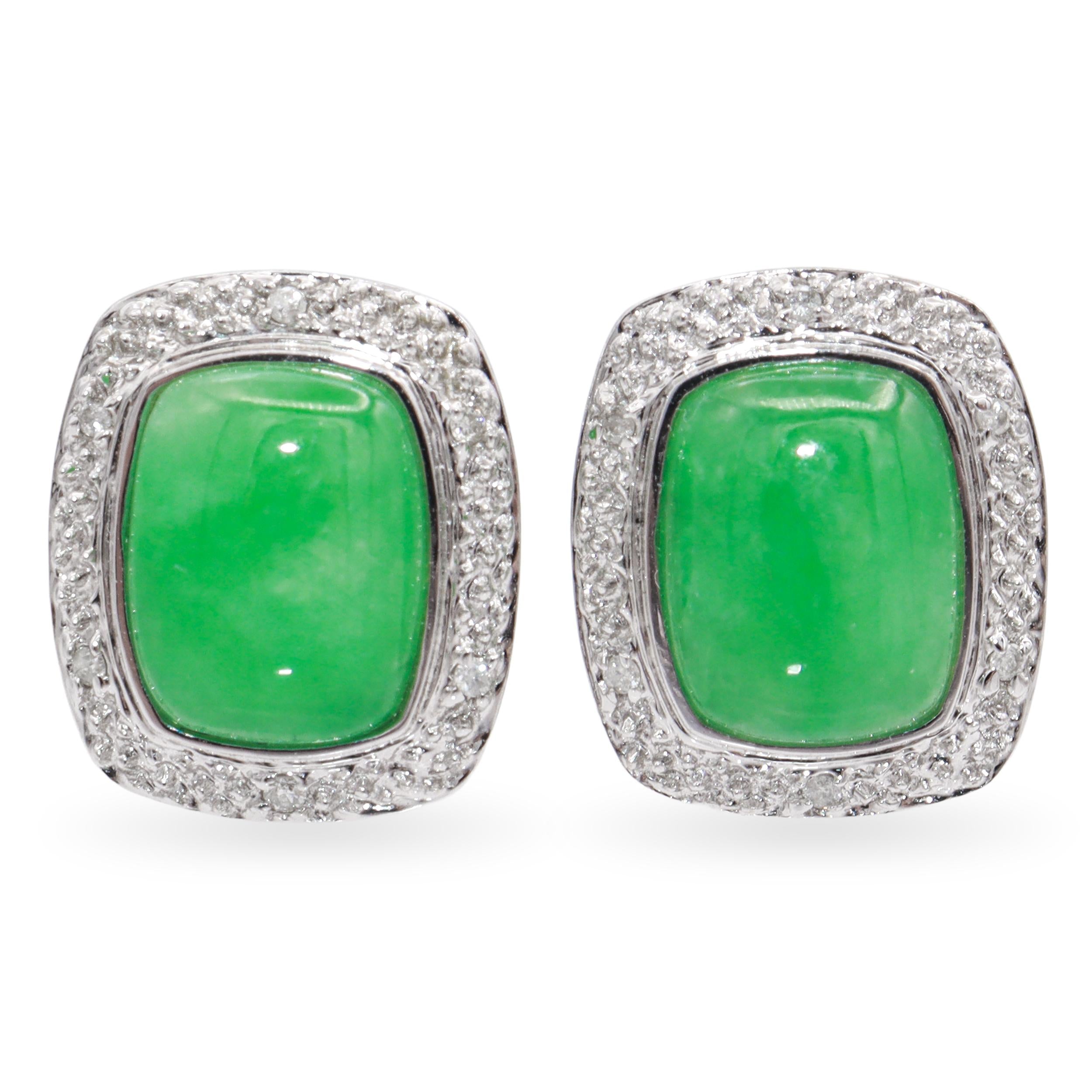 14k White Gold Green Jade & Diamond Earrings