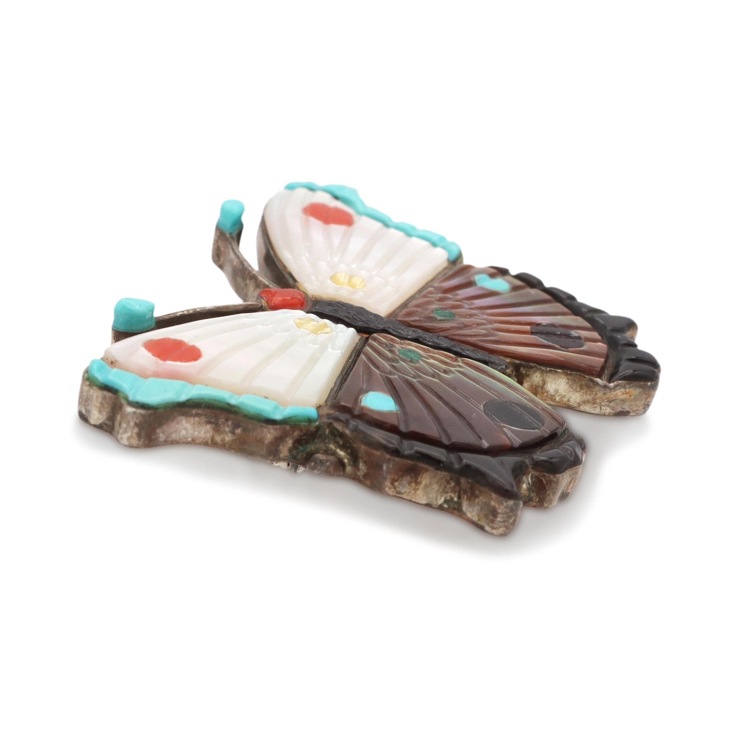 Sterling Silver Mother of Pearl Onyx Turquoise Butterfly Brooch