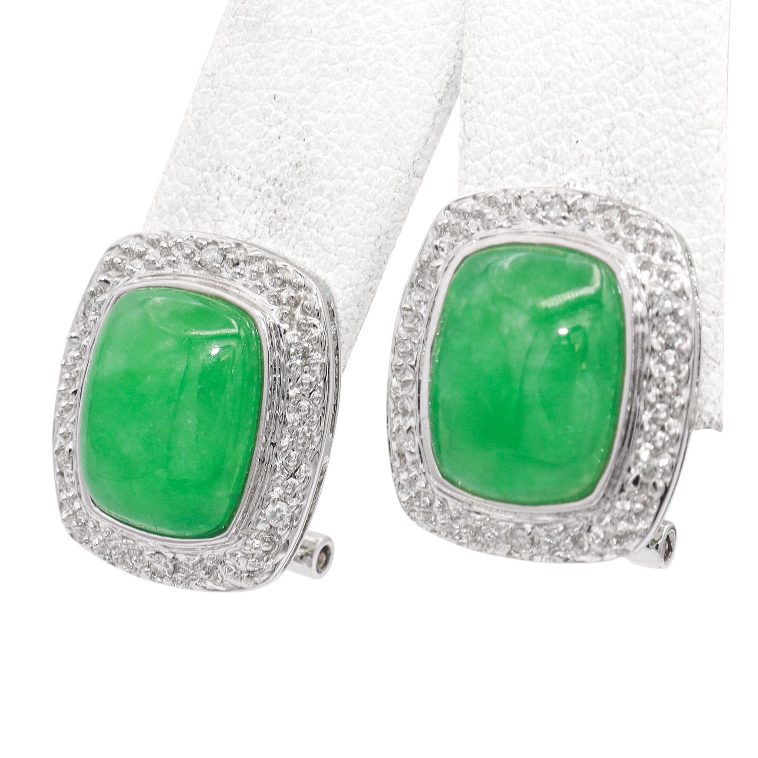14k White Gold Green Jade & Diamond Earrings