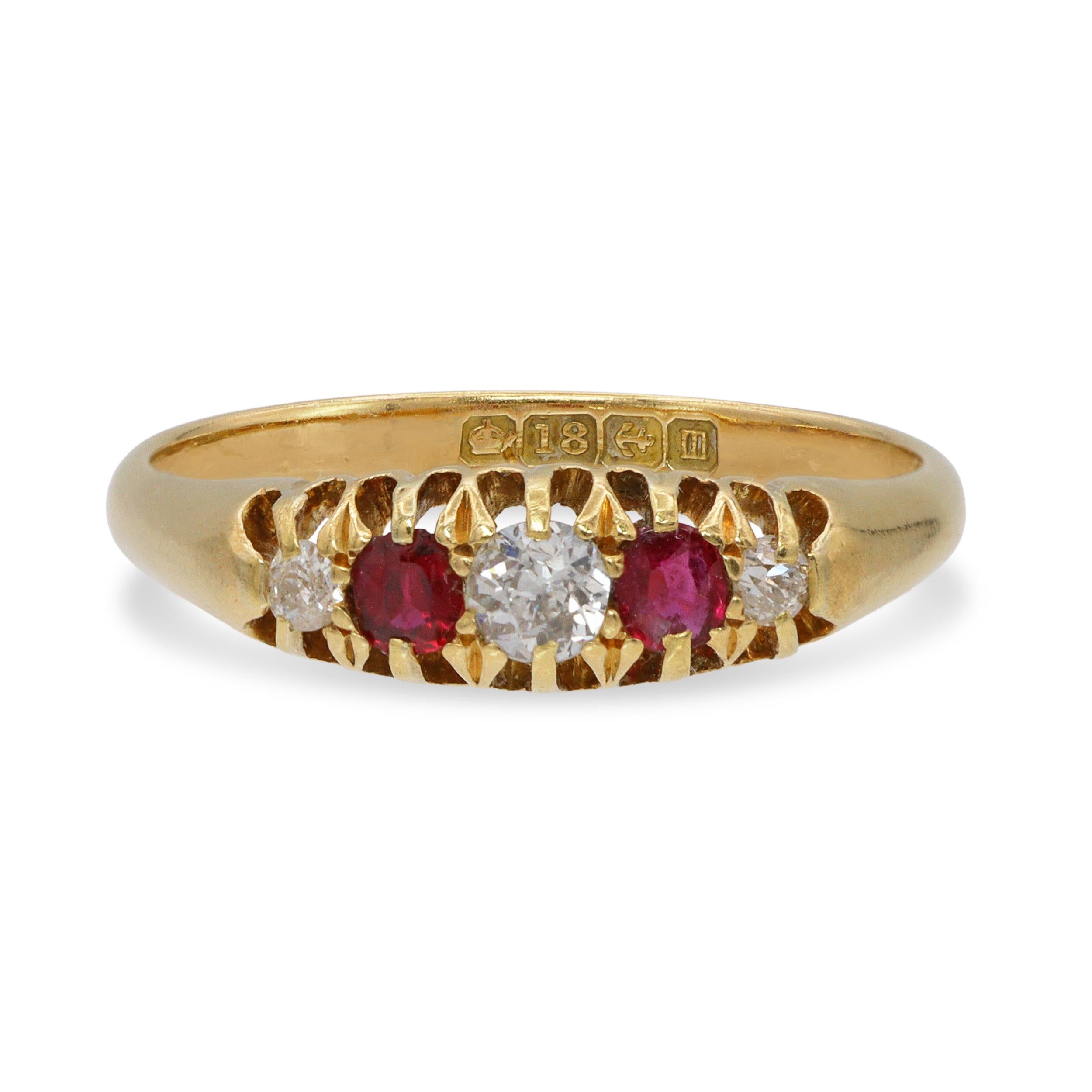 Antique 1904 18k Yellow Gold English Diamond and Ruby Five Stone Ring