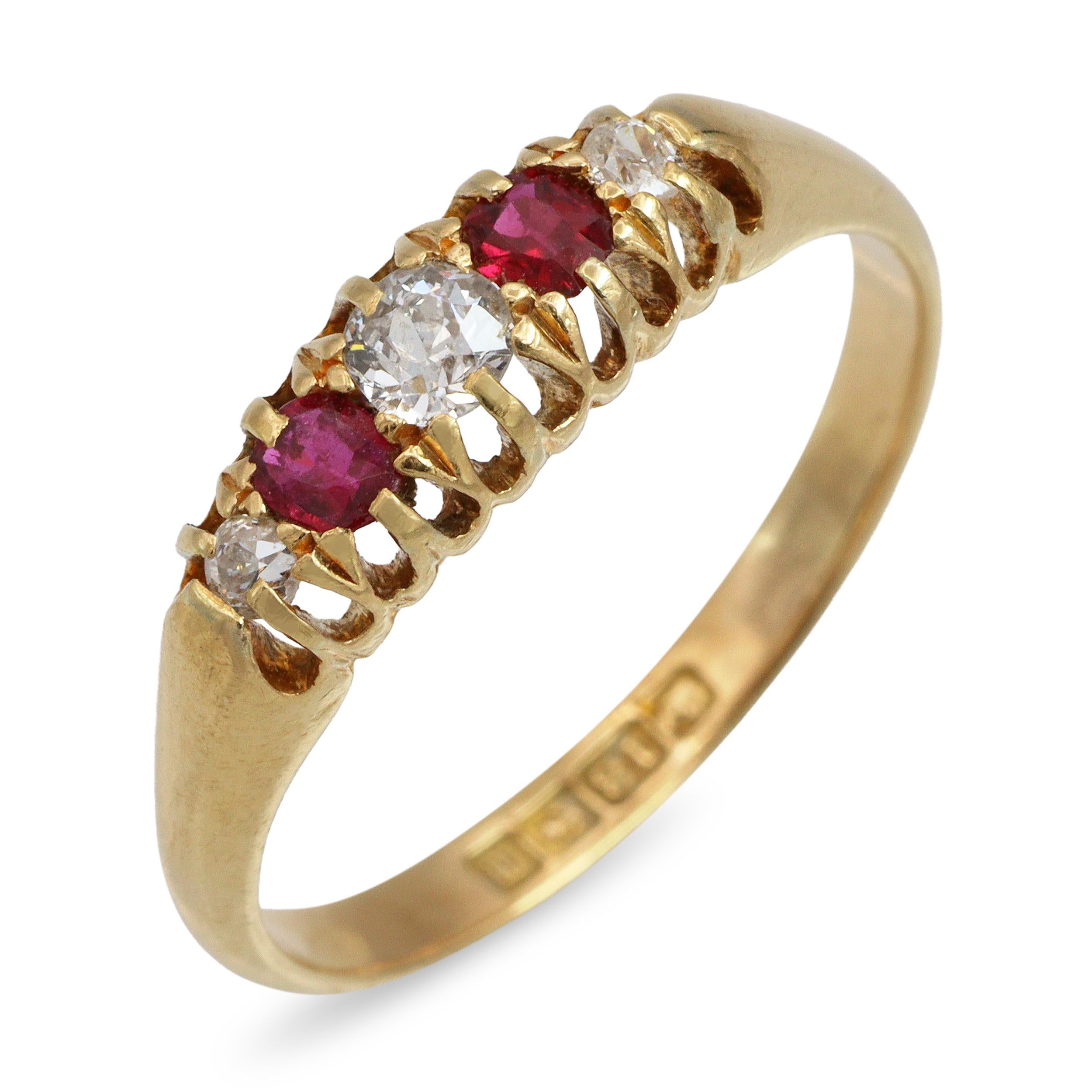Antique 1904 18k Yellow Gold English Diamond and Ruby Five Stone Ring