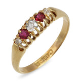 Antique 1904 18k Yellow Gold English Diamond and Ruby Five Stone Ring
