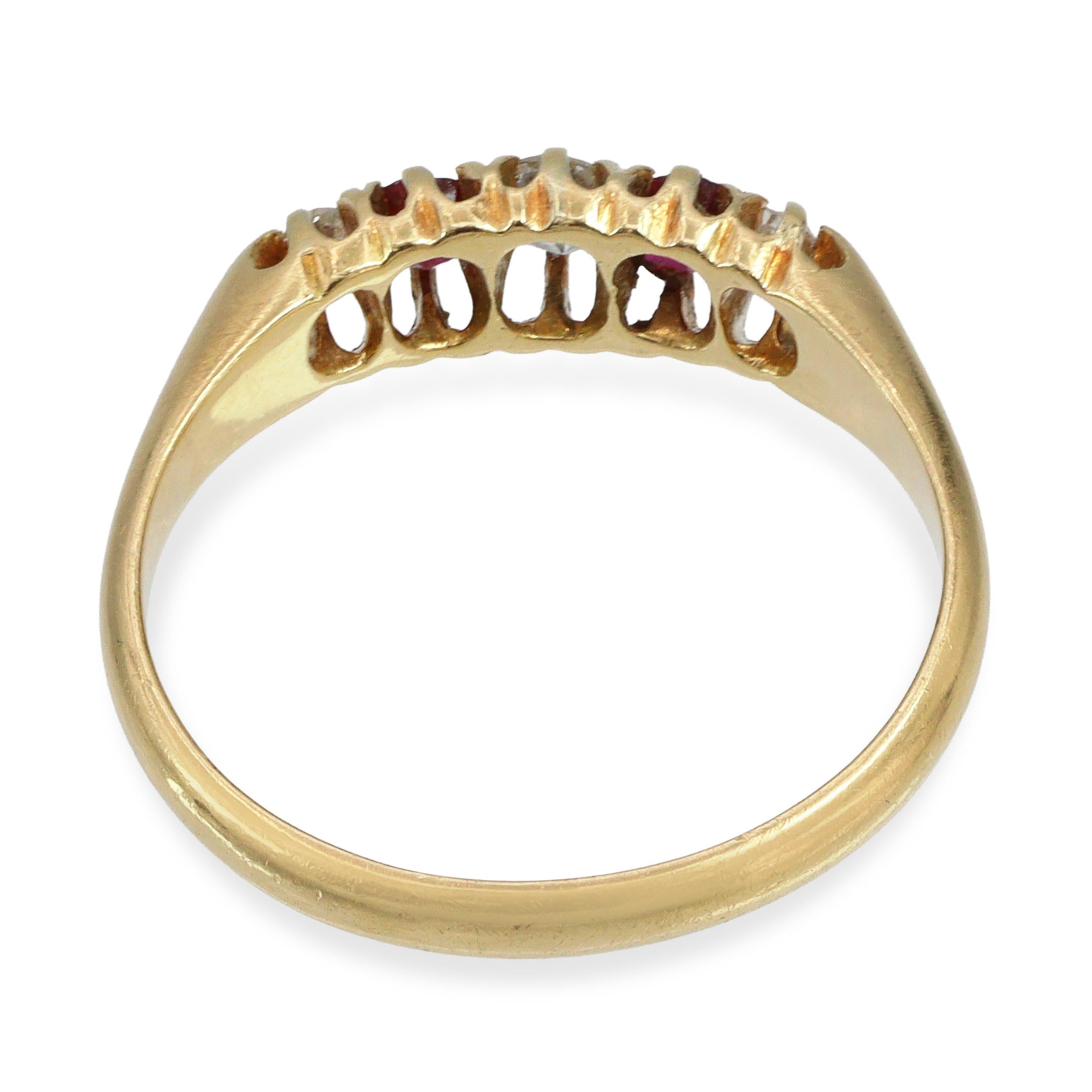 Antique 1904 18k Yellow Gold English Diamond and Ruby Five Stone Ring