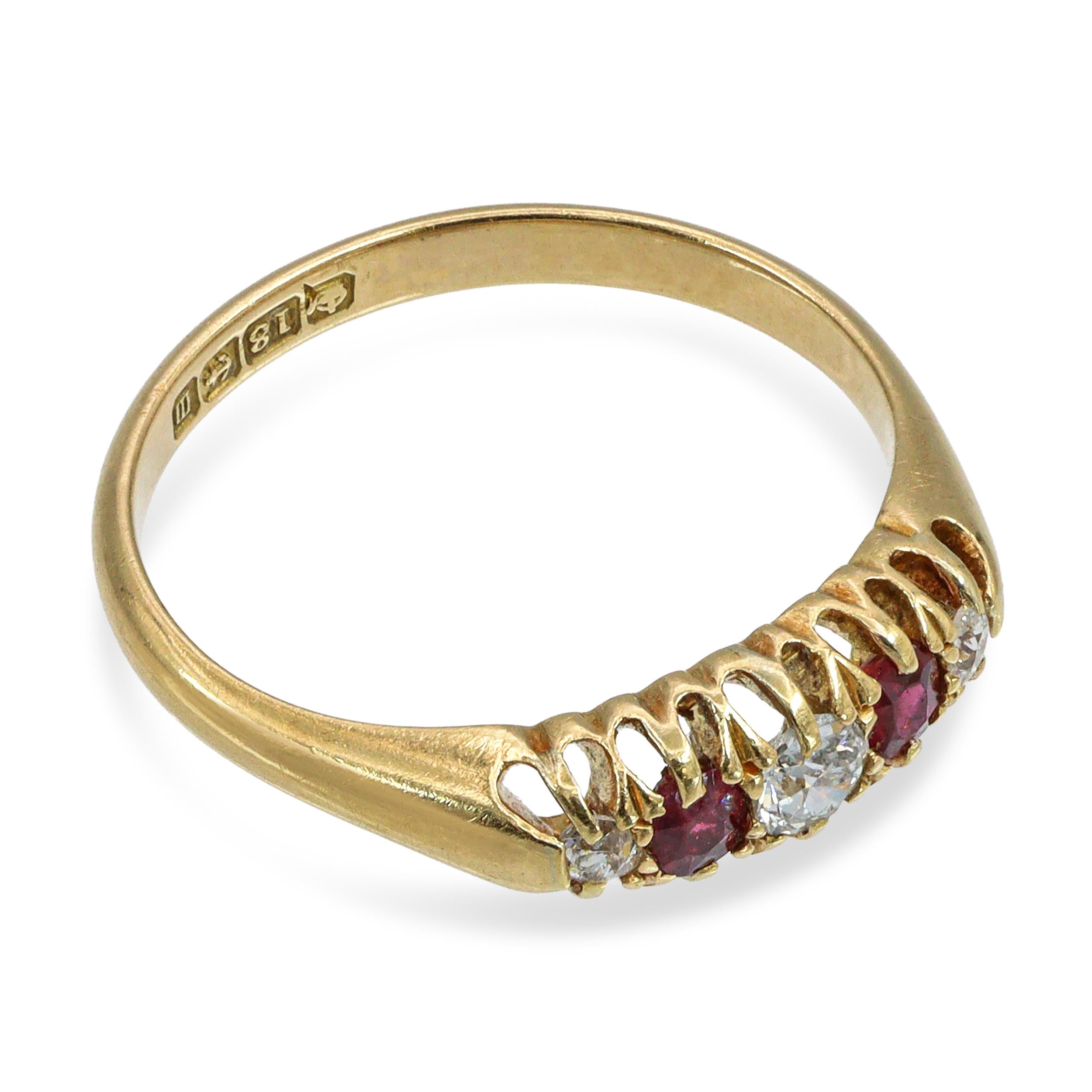 Antique 1904 18k Yellow Gold English Diamond and Ruby Five Stone Ring