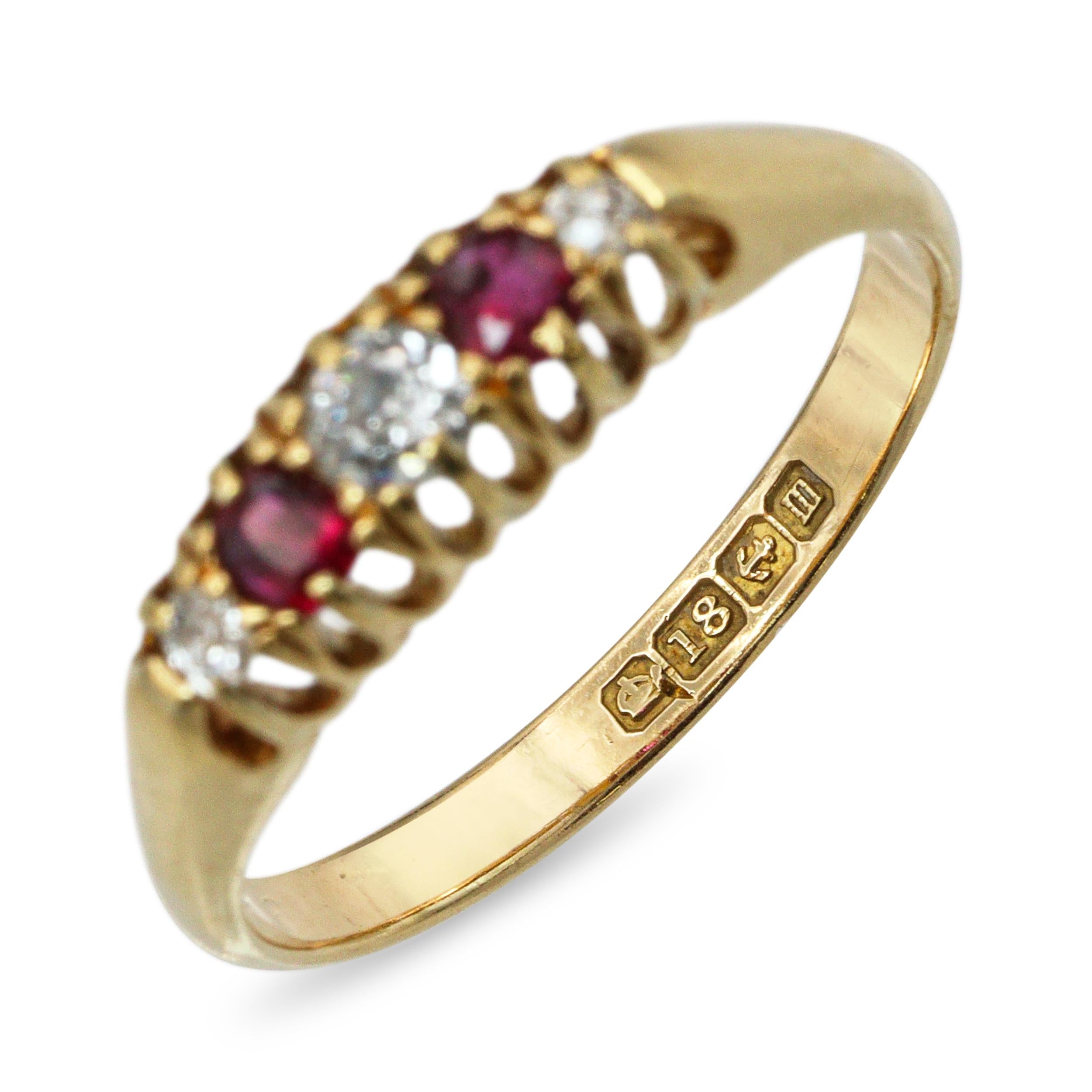 Antique 1904 18k Yellow Gold English Diamond and Ruby Five Stone Ring