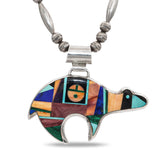 Vintage Navajo Frank Yellowhorse Sterling Silver Multi-Stone Inlay Bear Necklace