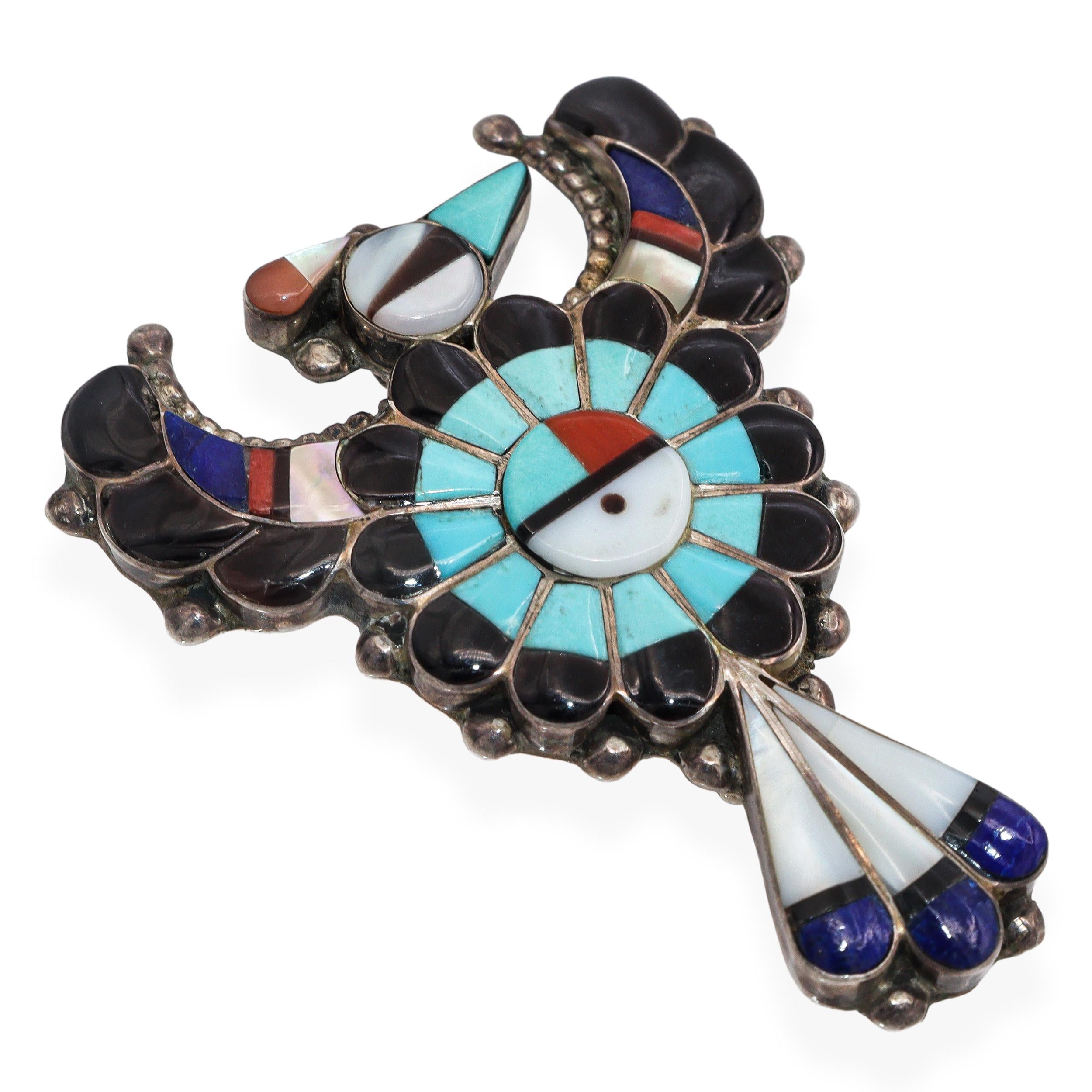 Zuni Larry & Faye Lonjose Sterling Silver Multi-Stone Inlay Thunderbird Brooch