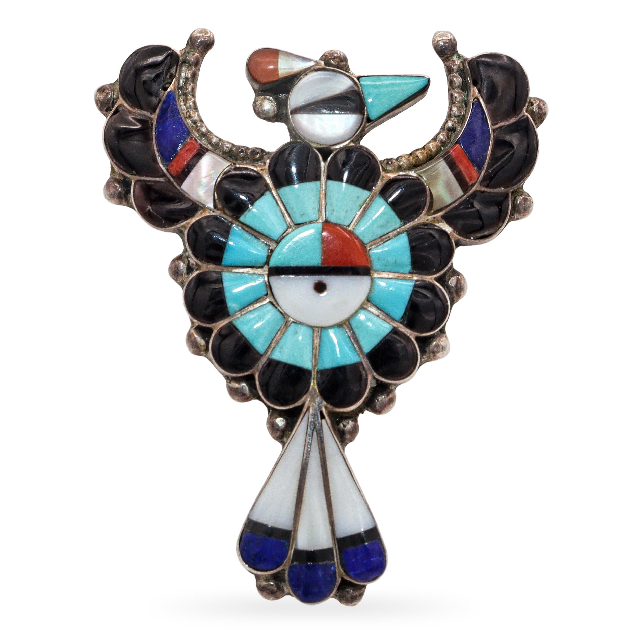 Zuni Larry & Faye Lonjose Sterling Silver Multi-Stone Inlay Thunderbird Brooch
