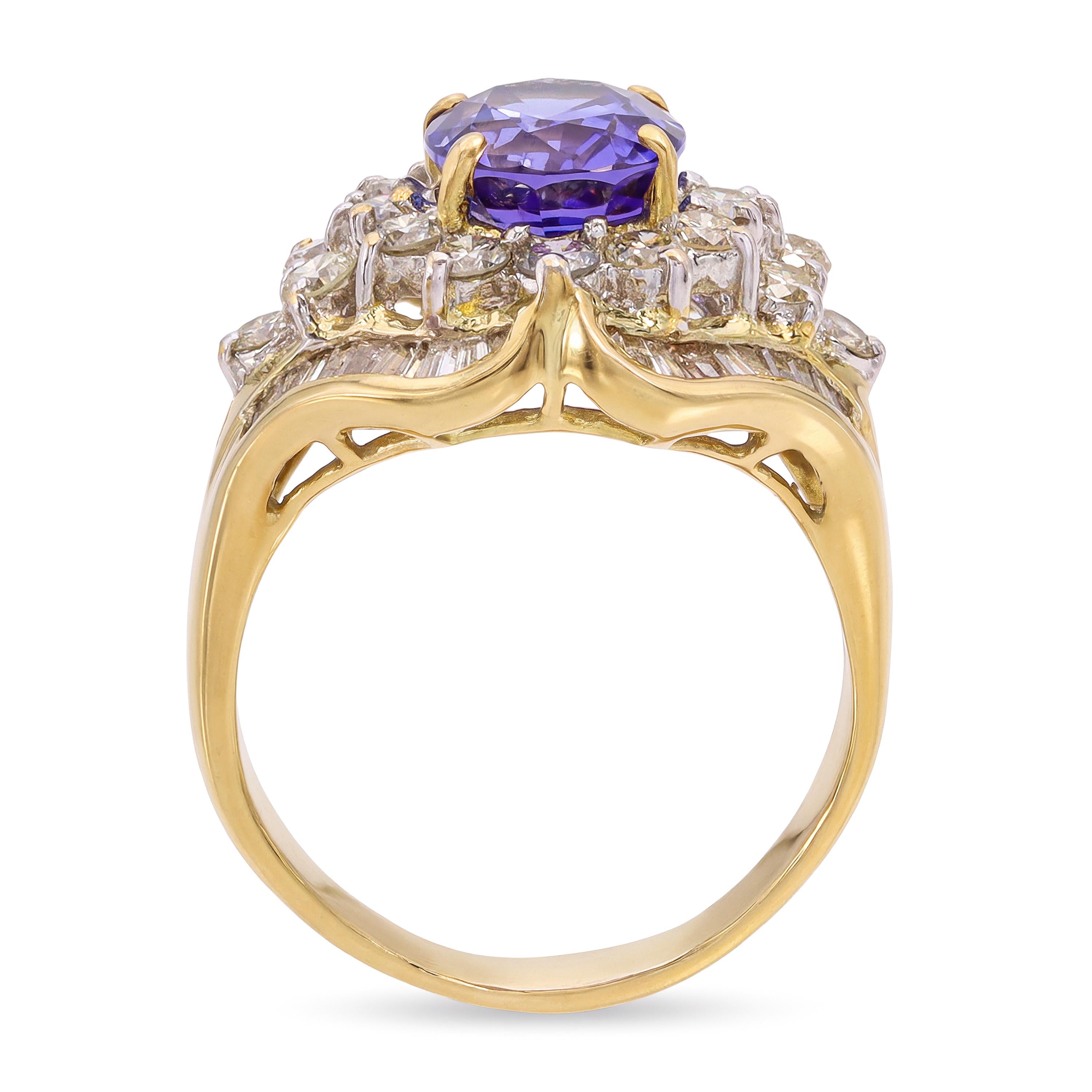 Vintage 17k Yellow Gold Tanzanite and Diamond Cluster Cocktail Ring
