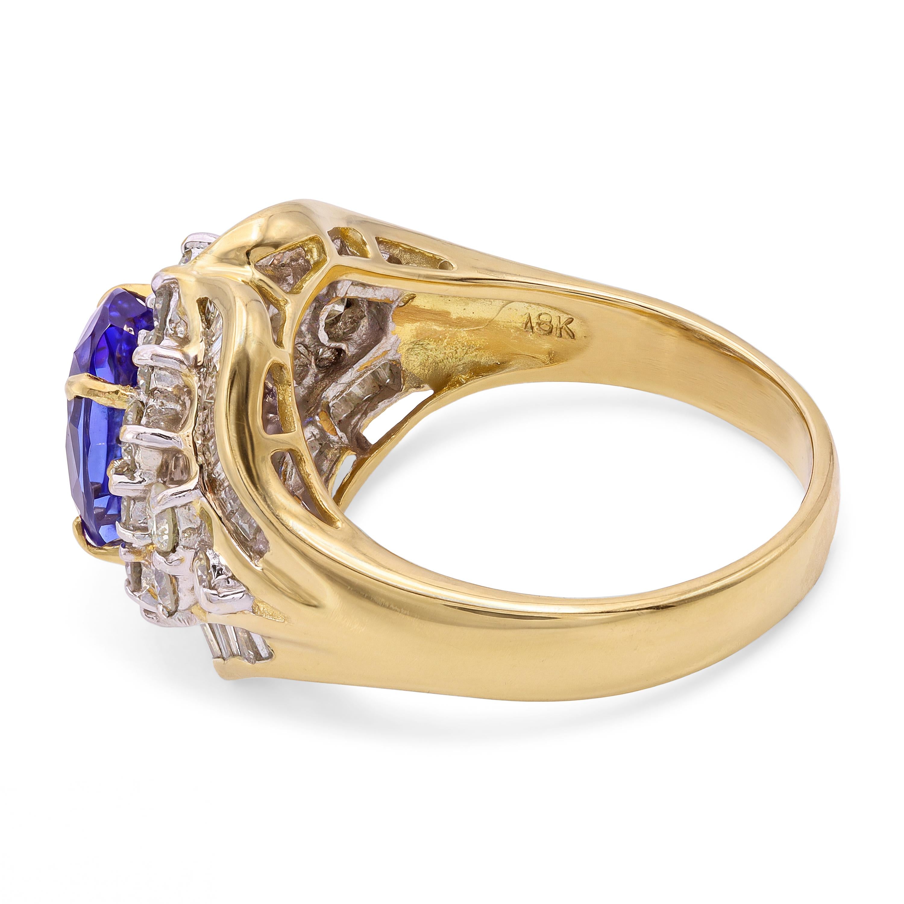 Vintage 17k Yellow Gold Tanzanite and Diamond Cluster Cocktail Ring