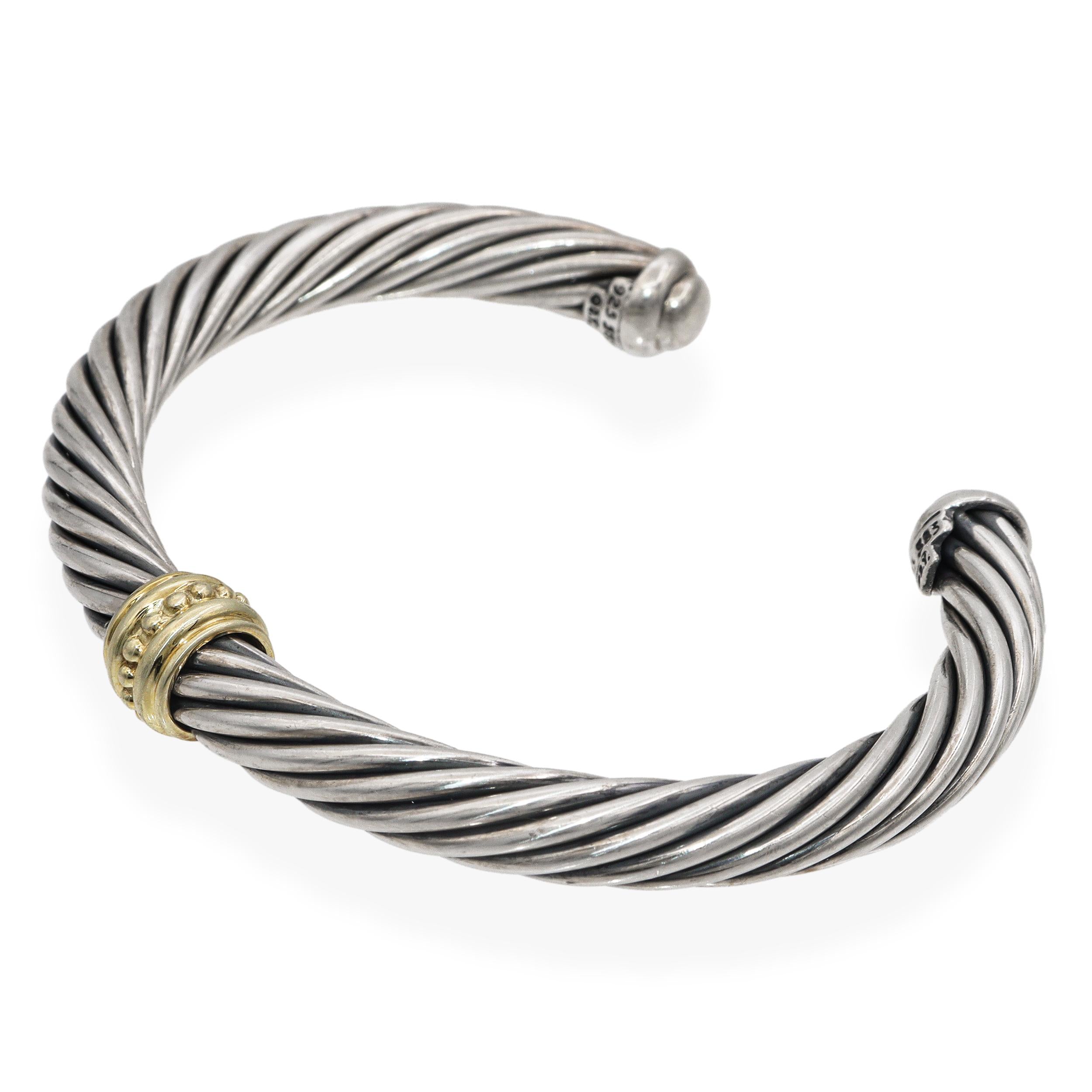 David Yurman Sterling Silver 14K Yellow Gold Cable Cuff Bracelet