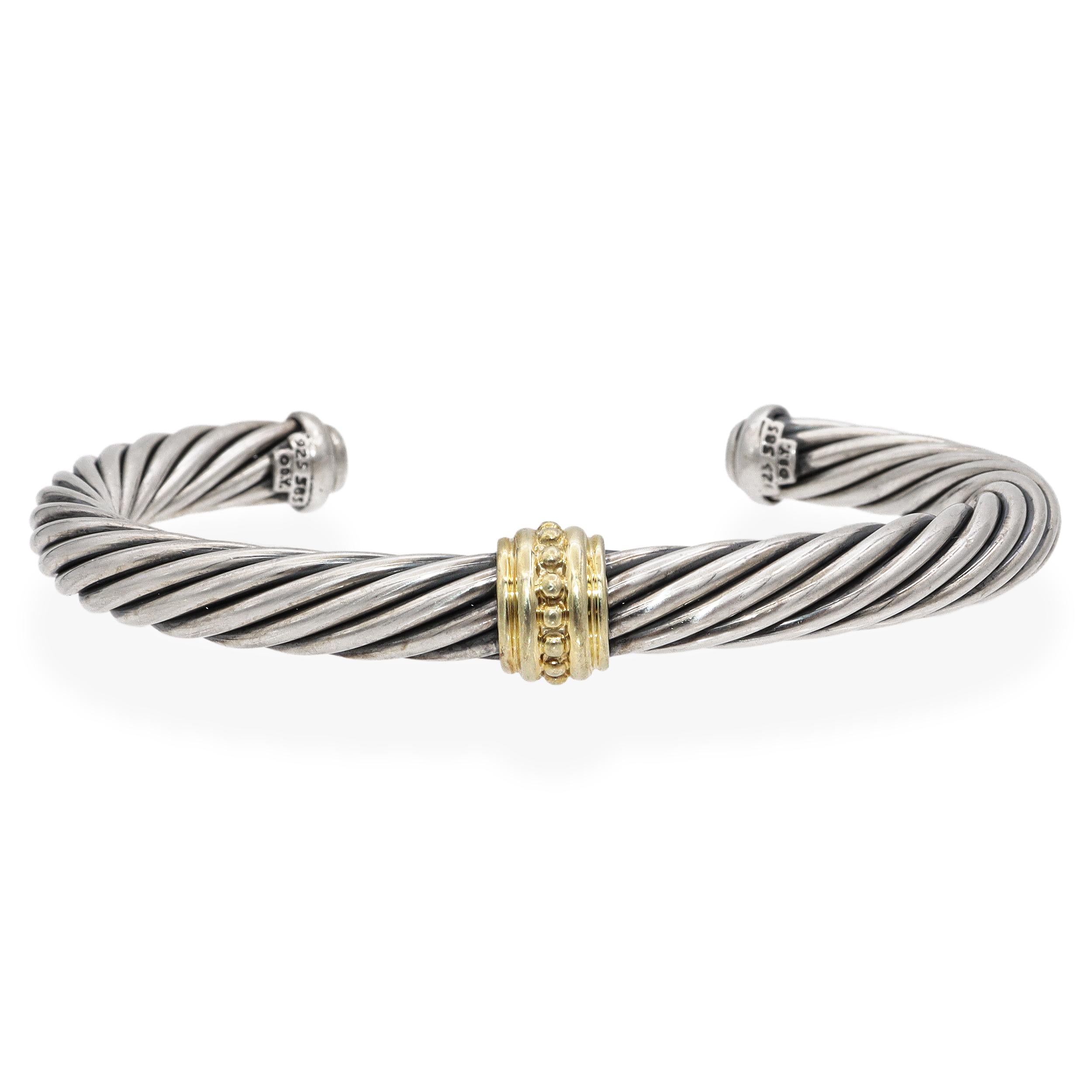 David Yurman Sterling Silver 14K Yellow Gold Cable Cuff Bracelet