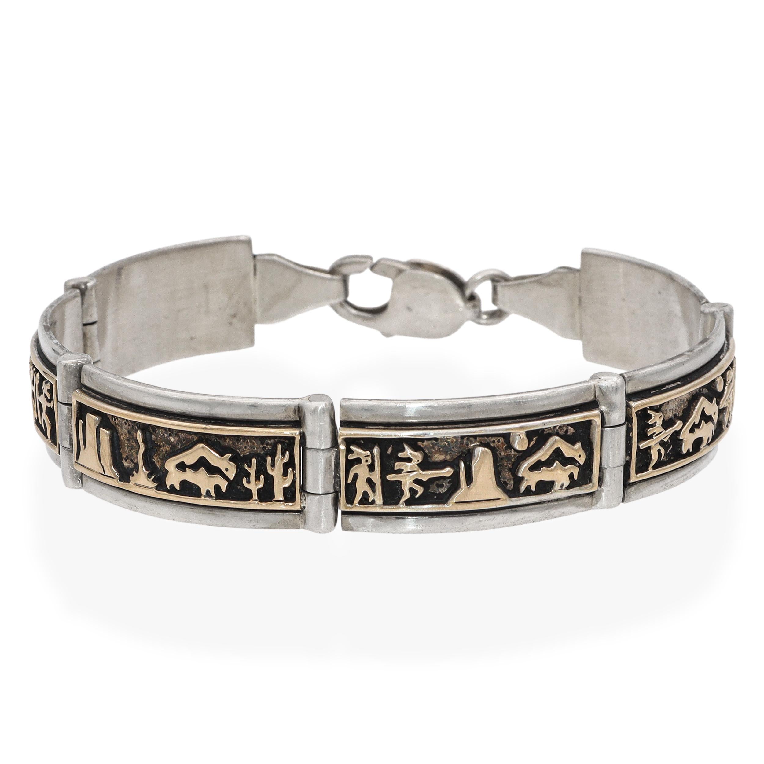 Southwestern M.M. Rogers Sterling Silver & 14K Gold Storyteller Link Bracelet