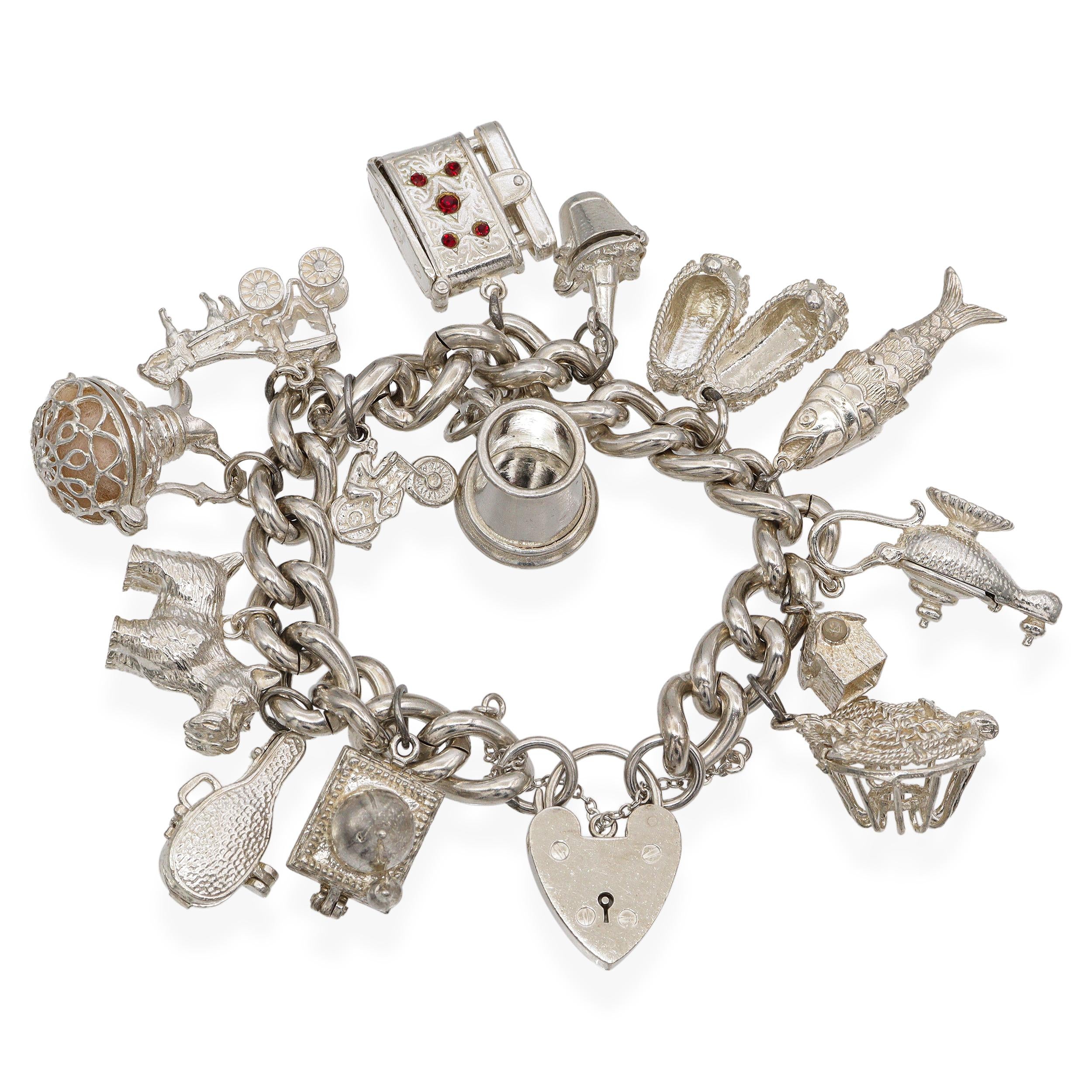 Vintage Sterling Silver Charm Bracelet with 15 Charms and Heart Lock Clasp