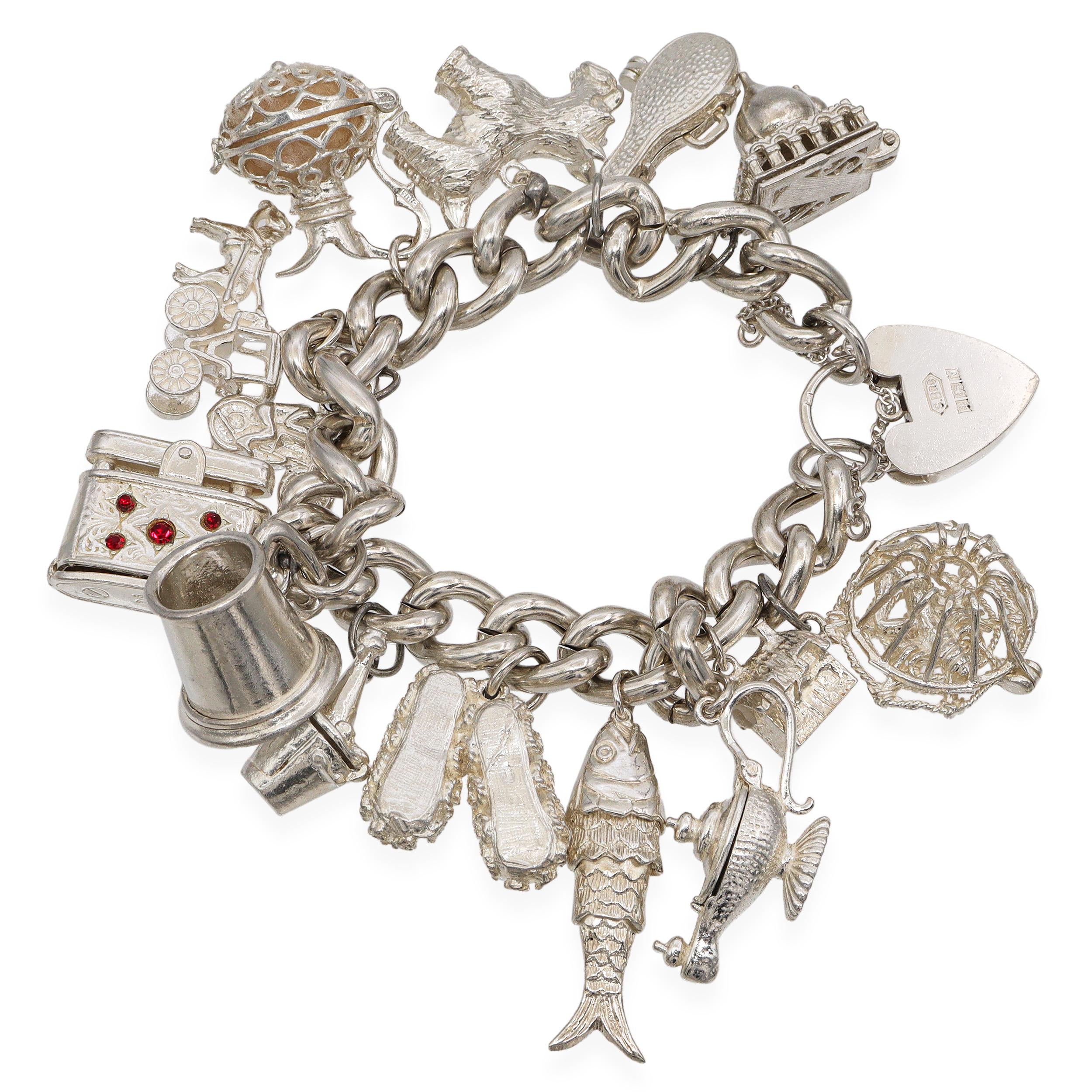 Vintage Sterling Silver Charm Bracelet with 15 Charms and Heart Lock Clasp