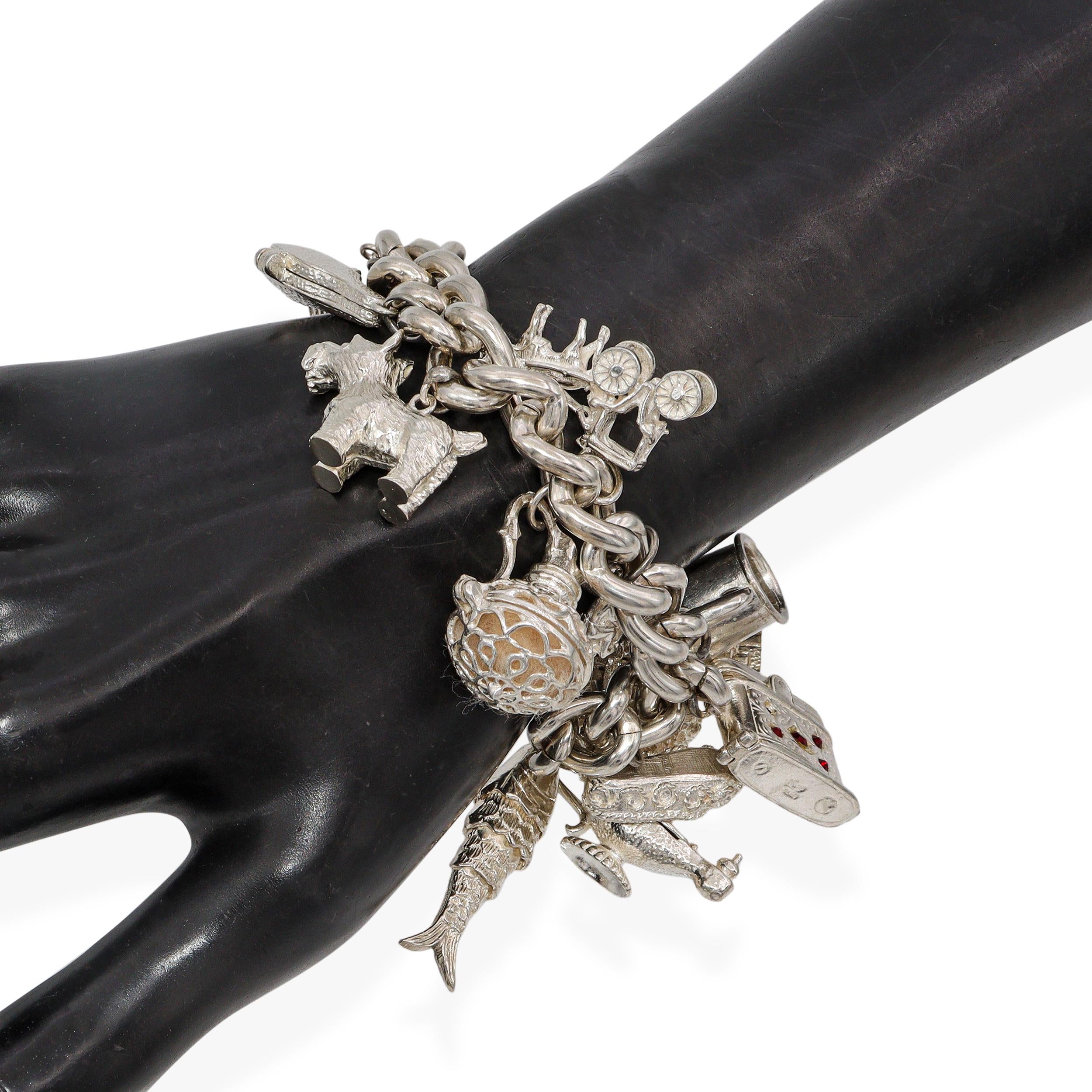 Vintage Sterling Silver Charm Bracelet with 15 Charms and Heart Lock Clasp