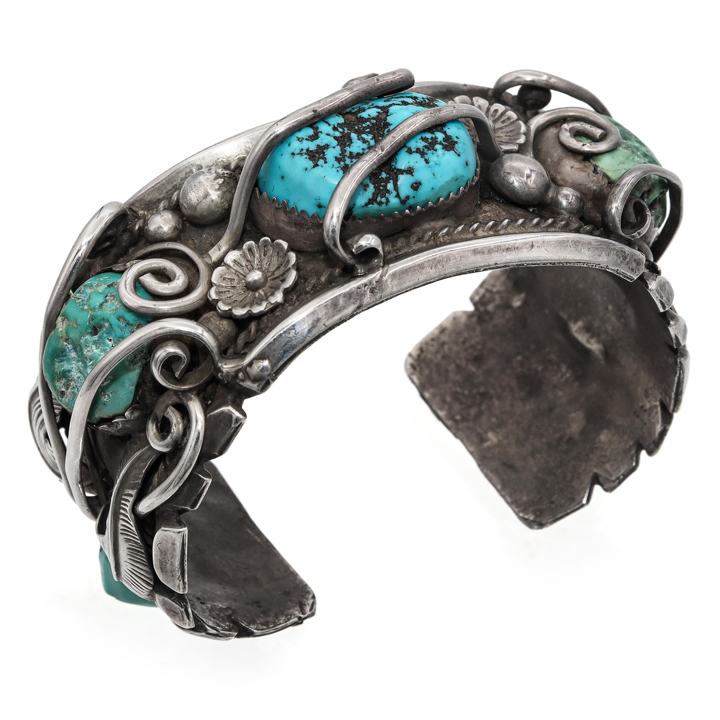 Vintage Navajo Artist Signed Sterling Silver Turquoise Cluster Cuff Bracelet