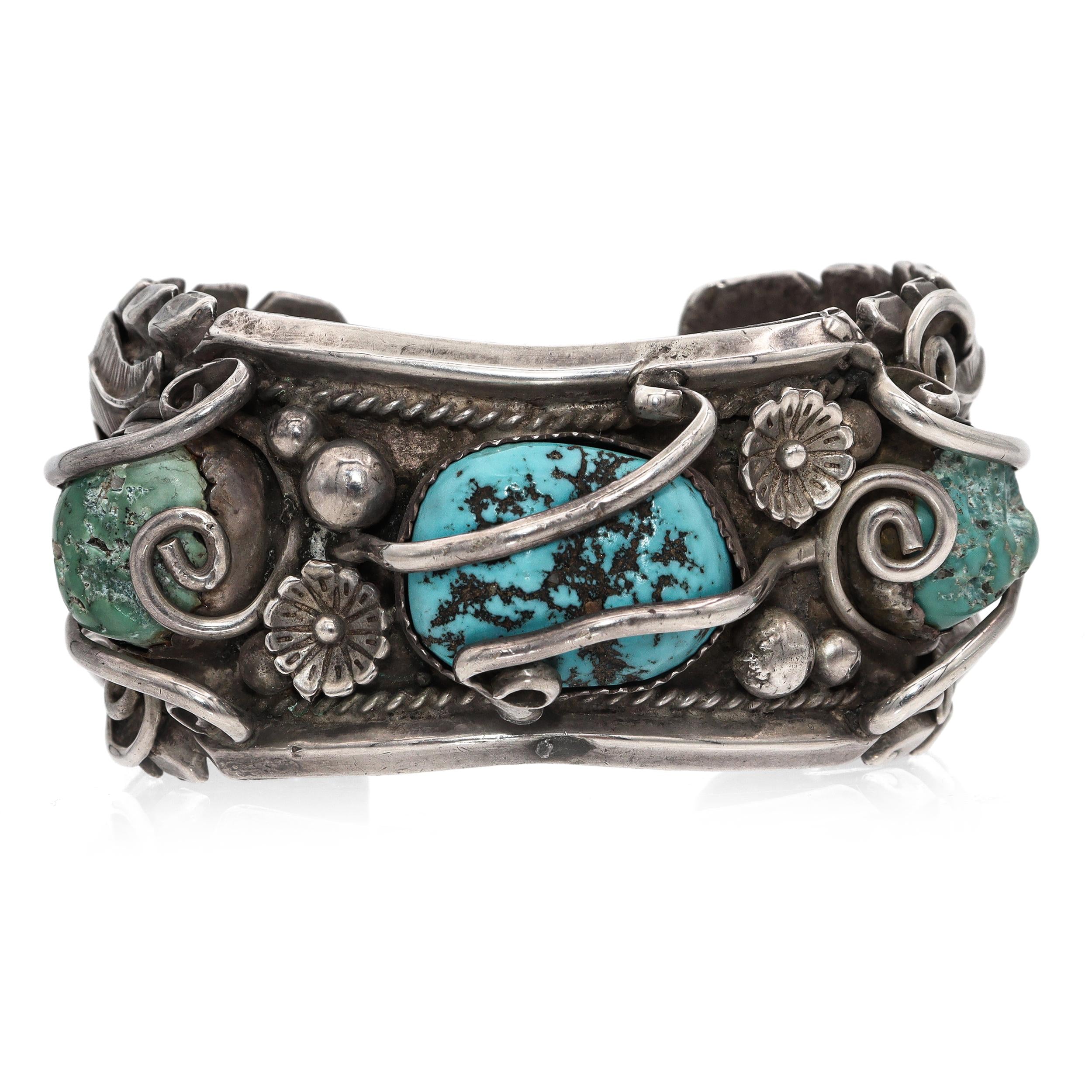 Vintage Navajo Artist Signed Sterling Silver Turquoise Cluster Cuff Bracelet