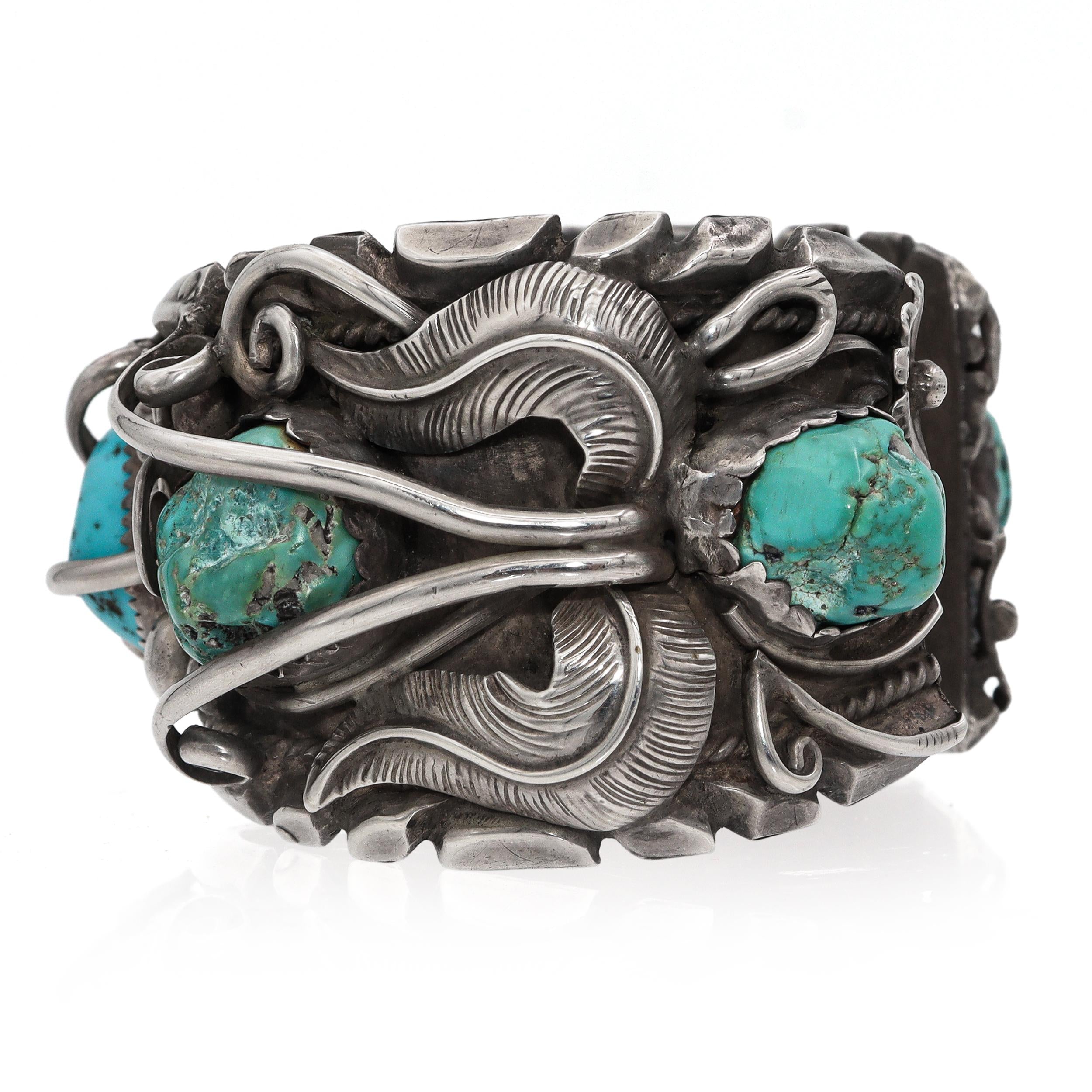 Vintage Navajo Artist Signed Sterling Silver Turquoise Cluster Cuff Bracelet