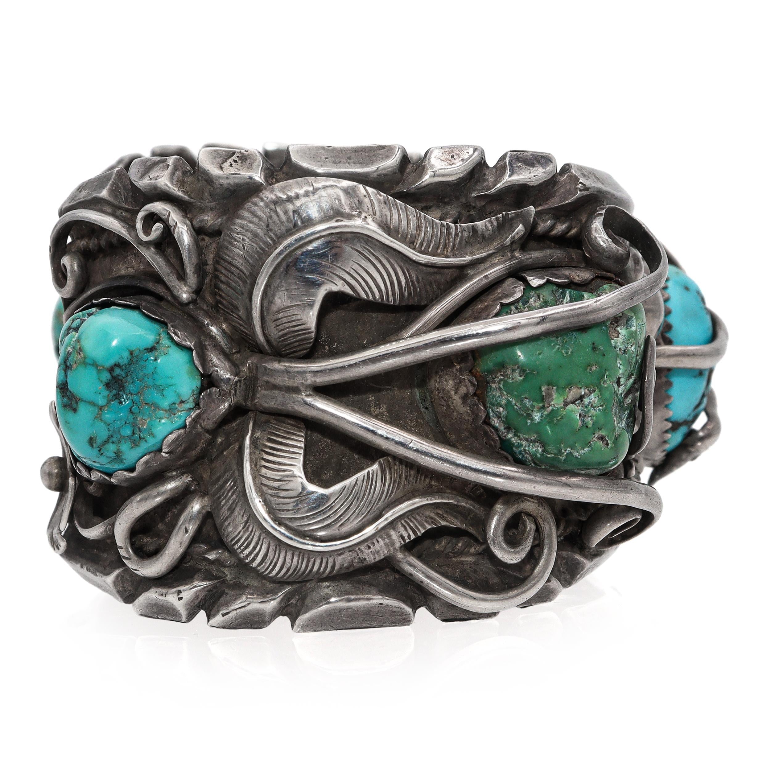 Vintage Navajo Artist Signed Sterling Silver Turquoise Cluster Cuff Bracelet